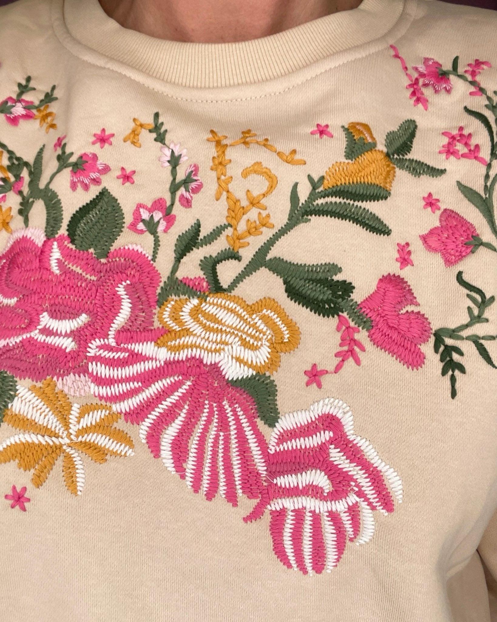 Calling The Shots Taupe Floral Embroidery Lace Detail Cropped Sweatshirt - Jessi Jayne Boutique