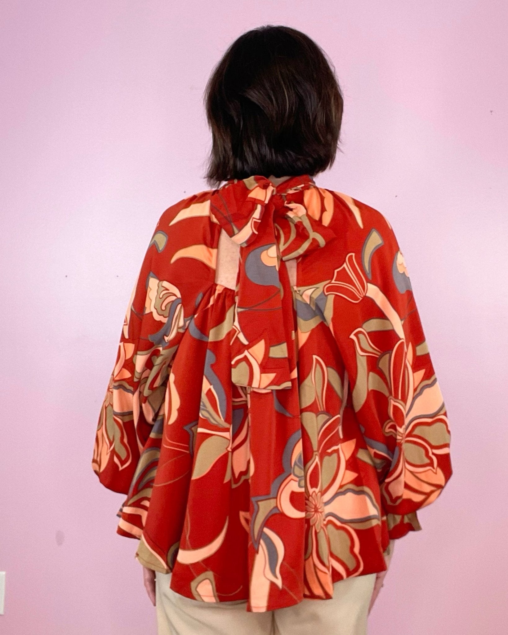 The Most Wonderful Time Of Year Rust Printed Mock Neck Long Sleeve Blouse - Jessi Jayne Boutique