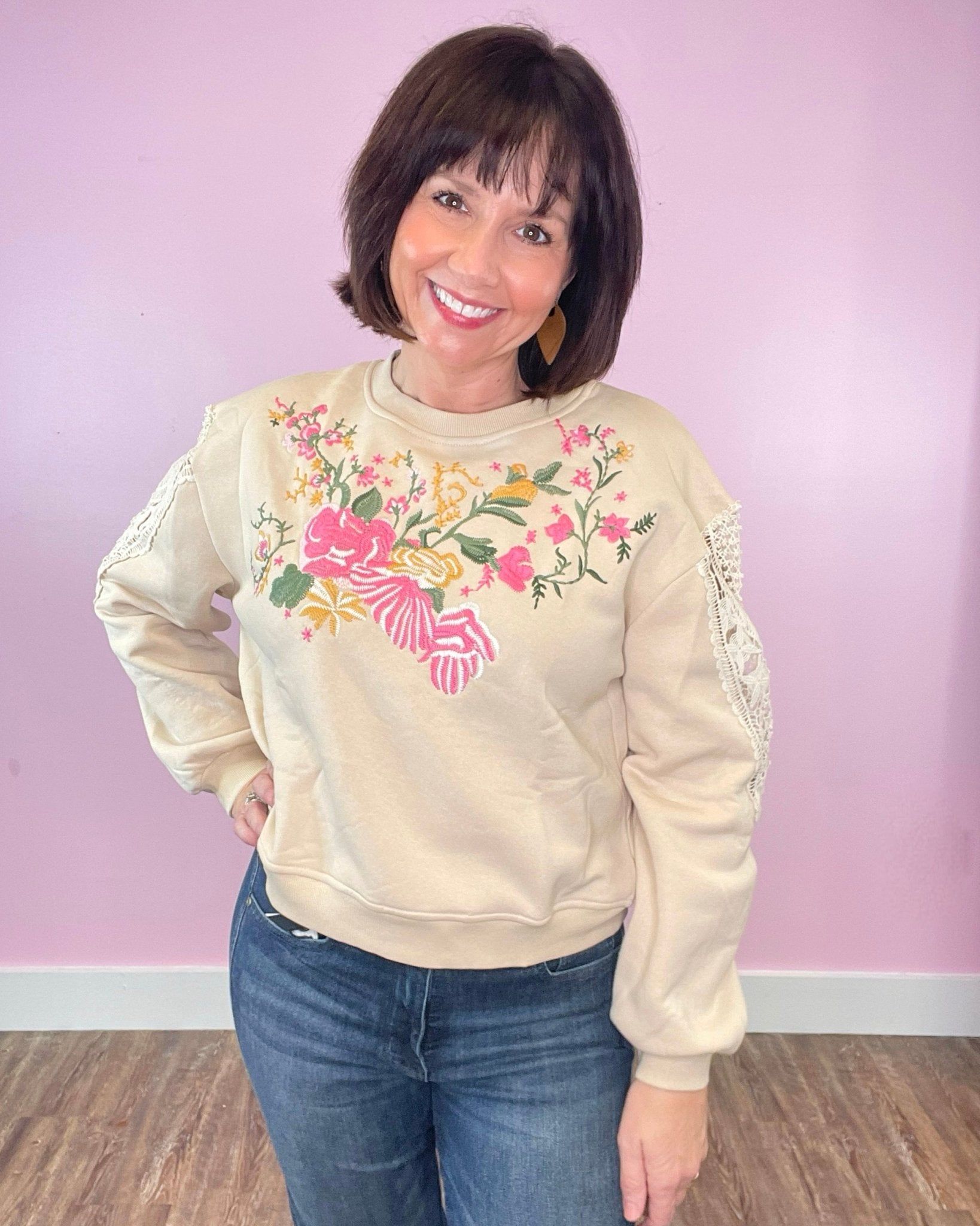 Calling The Shots Taupe Floral Embroidery Lace Detail Cropped Sweatshirt - Jessi Jayne Boutique