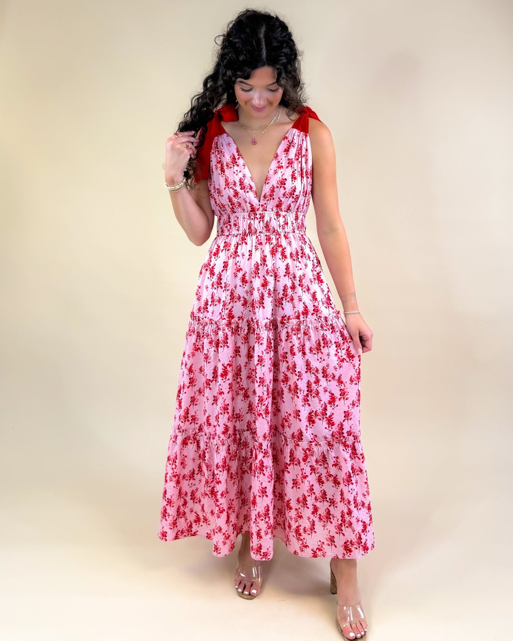 Cherry Bloom Tie Strap Midi Dress - Jessi Jayne Boutique