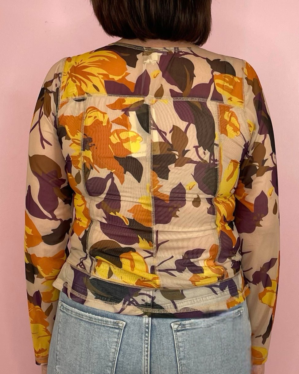 Dreamer Taupe Mesh Long Sleeve Floral Print Top - Jessi Jayne Boutique