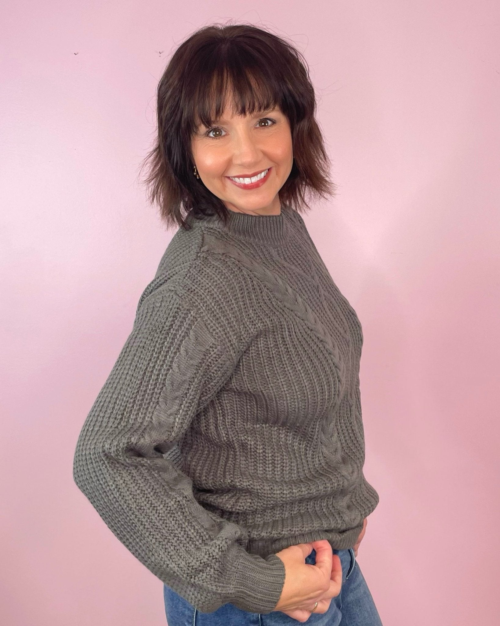 On Vacation Grey Cable Knit Mock Neck Sweater Top - Jessi Jayne Boutique