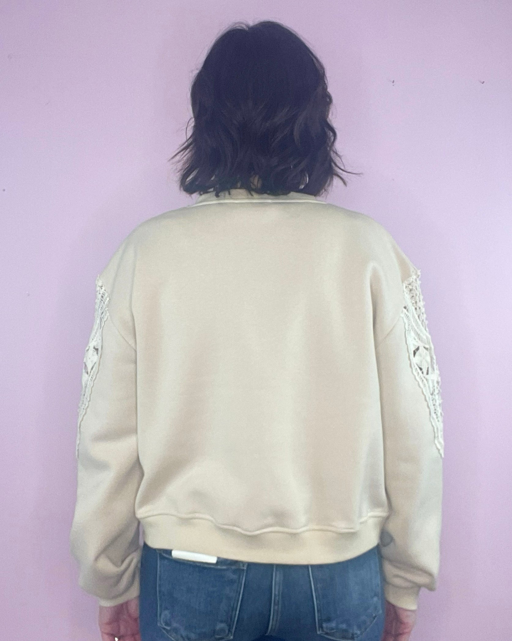 Calling The Shots Taupe Floral Embroidery Lace Detail Cropped Sweatshirt - Jessi Jayne Boutique