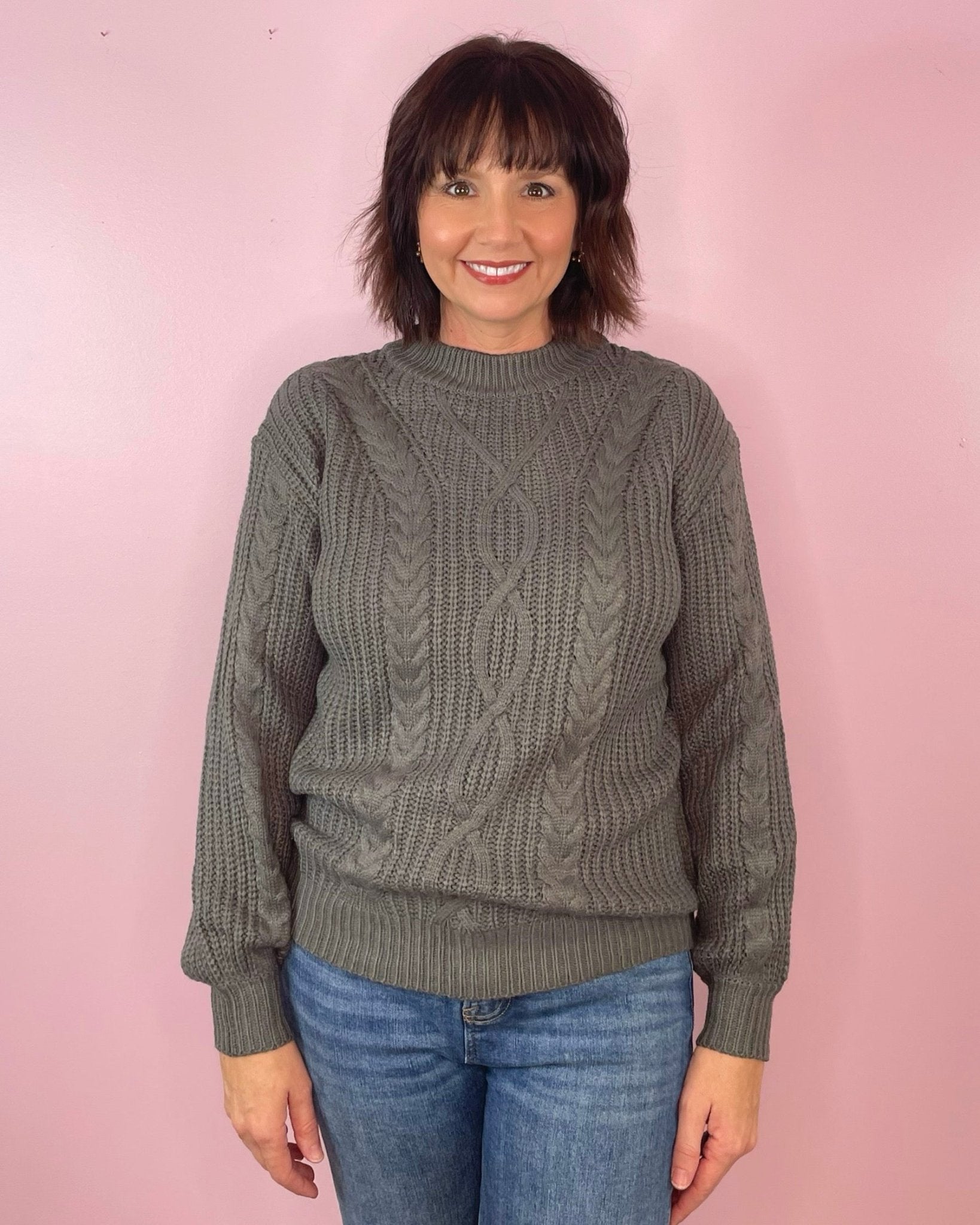 On Vacation Grey Cable Knit Mock Neck Sweater Top - Jessi Jayne Boutique