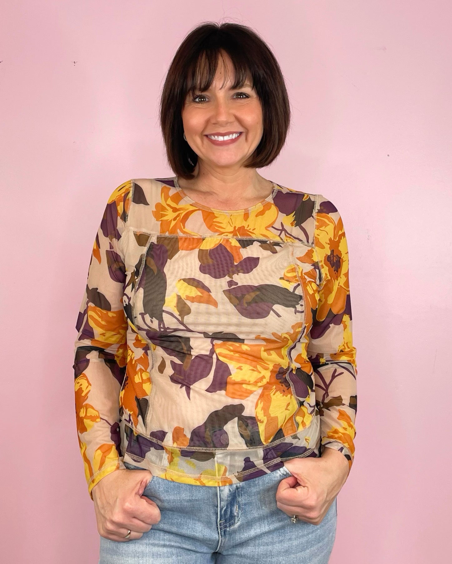 Dreamer Taupe Mesh Long Sleeve Floral Print Top - Jessi Jayne Boutique
