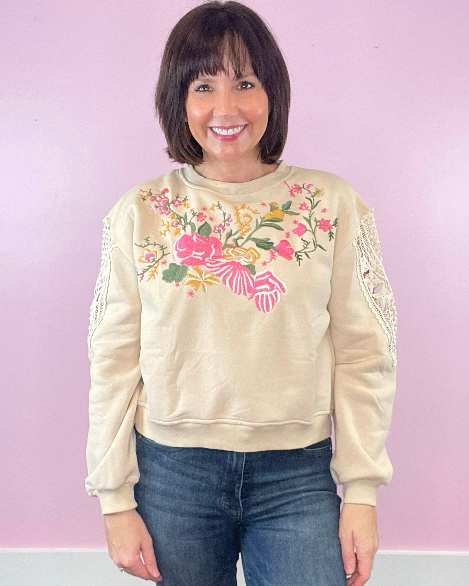 Calling The Shots Taupe Floral Embroidery Lace Detail Cropped Sweatshirt - Jessi Jayne Boutique