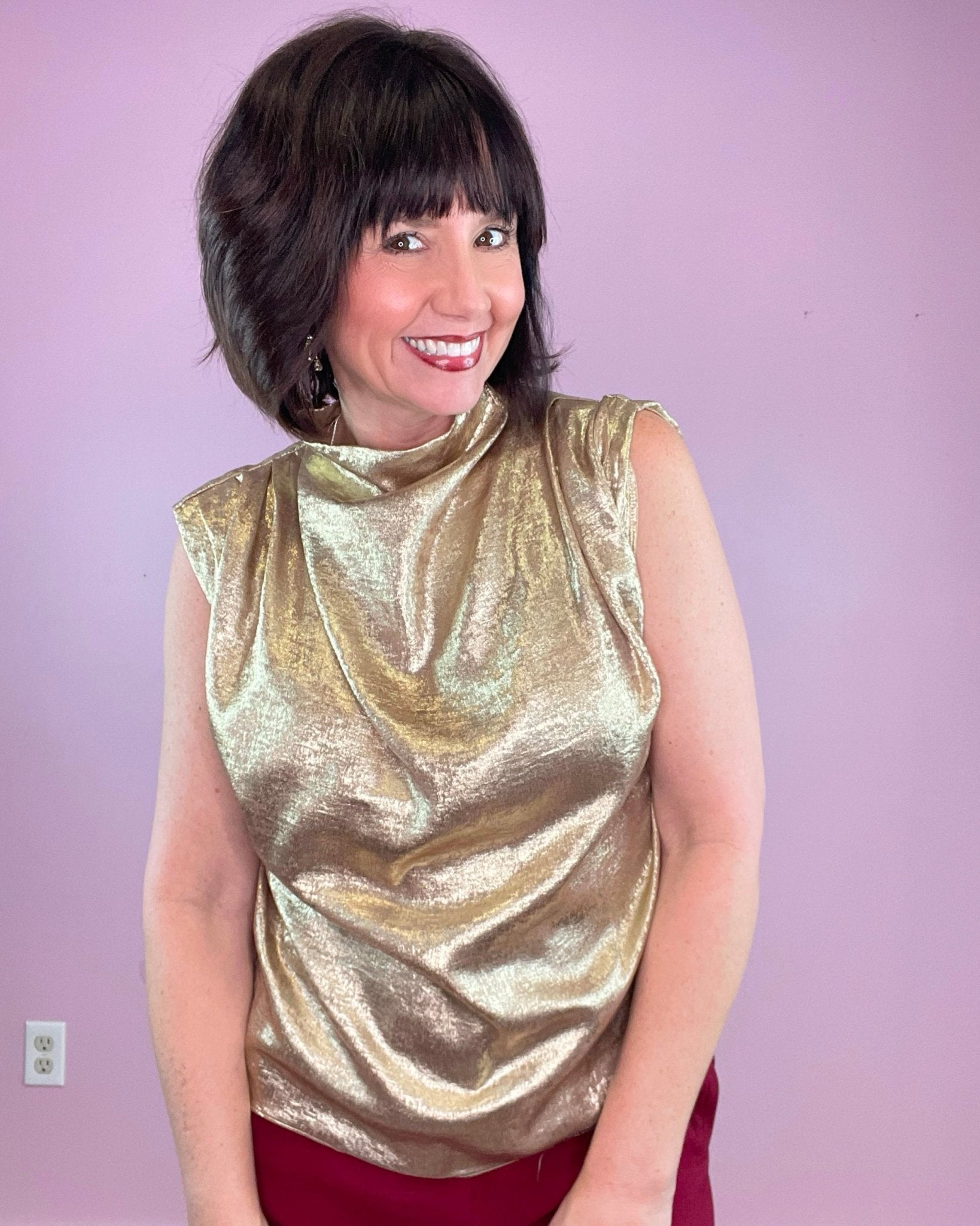 Never Want To Stop Taupe Shimmer Cowl Neck Sleeveless Lurex Top - Jessi Jayne Boutique