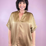 A Little Elegance Taupe Shimmer N Neck Flowy Blouse - Jessi Jayne Boutique
