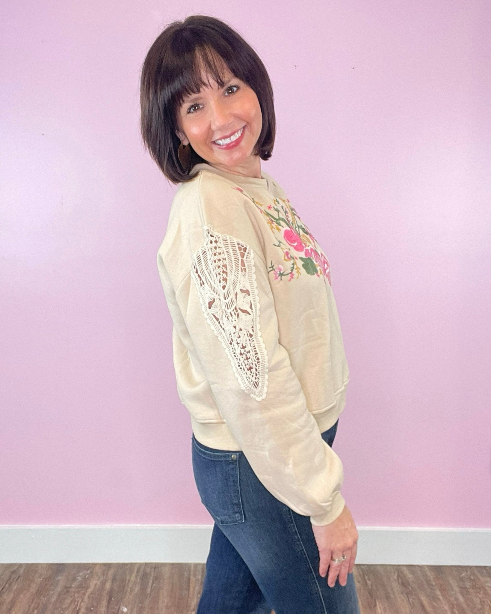 Calling The Shots Taupe Floral Embroidery Lace Detail Cropped Sweatshirt - Jessi Jayne Boutique