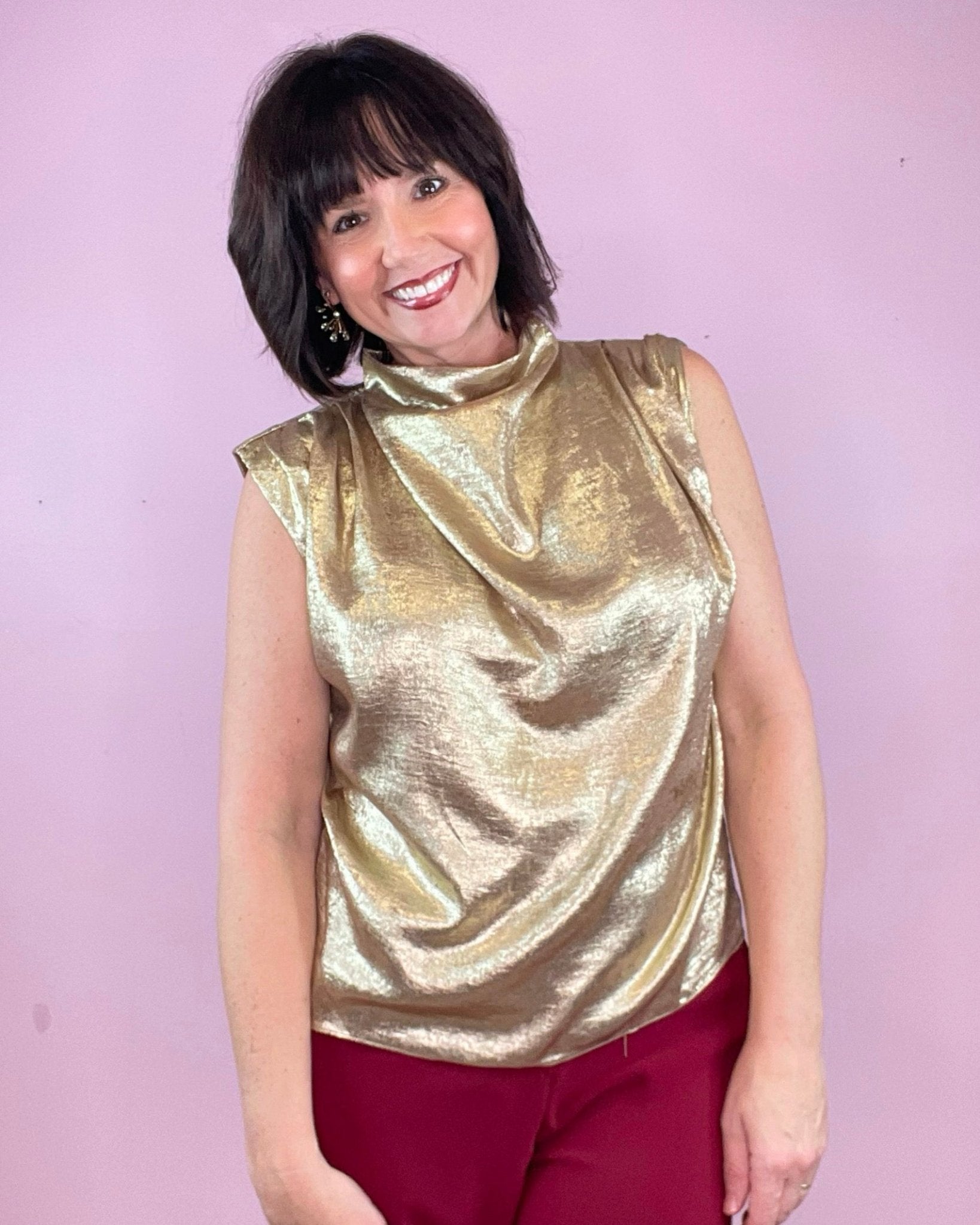 Never Want To Stop Taupe Shimmer Cowl Neck Sleeveless Lurex Top - Jessi Jayne Boutique