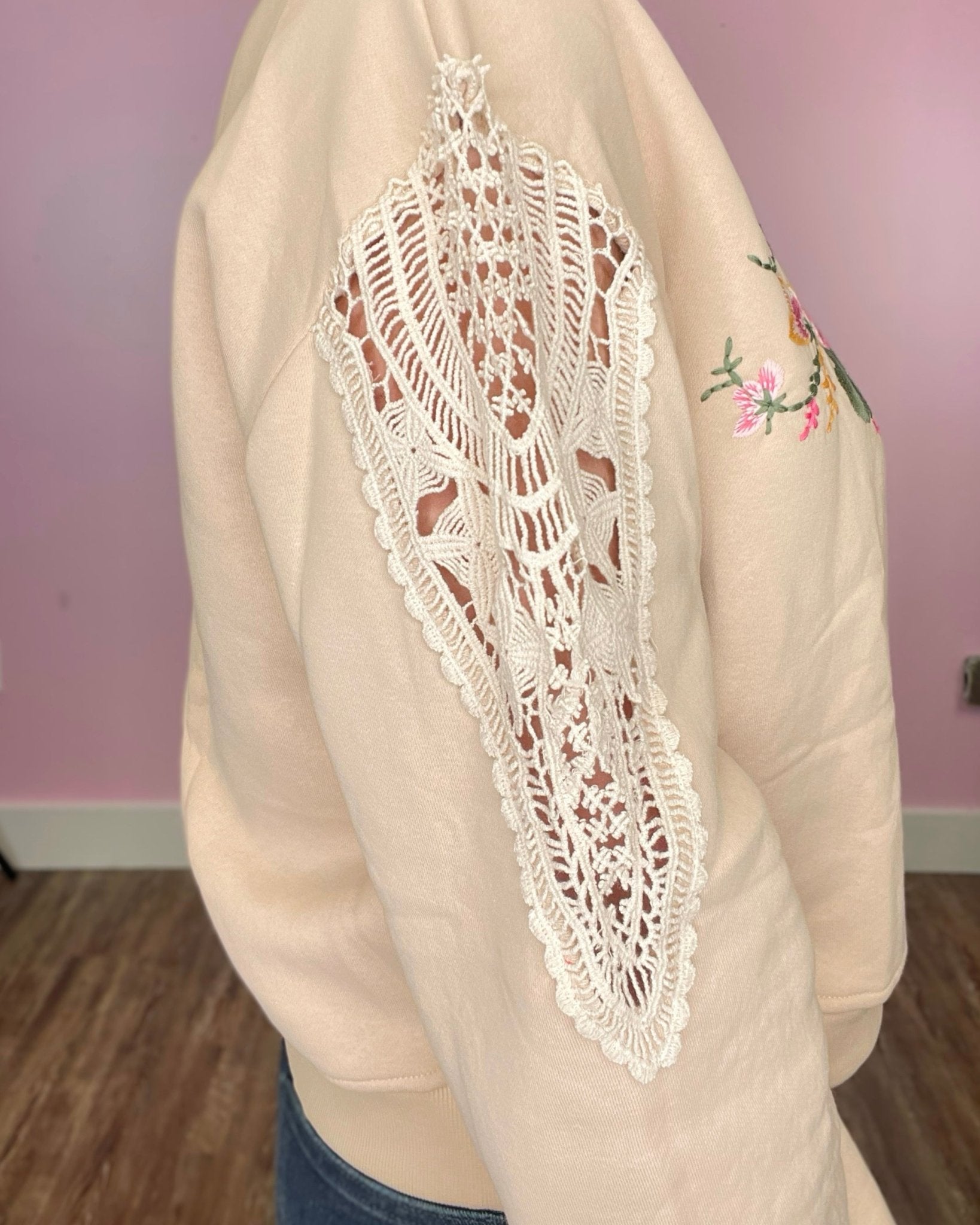 Calling The Shots Taupe Floral Embroidery Lace Detail Cropped Sweatshirt - Jessi Jayne Boutique