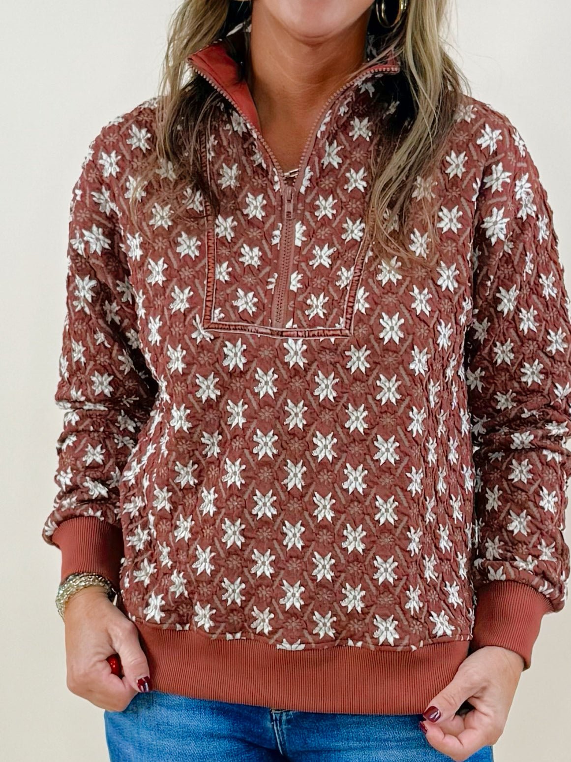 Rustic Snowfall Jacquard Quarter - Zip Pullover - Jessi Jayne Boutique