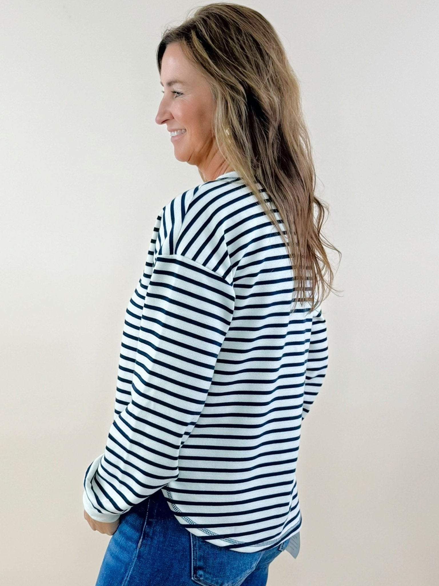 Maple Grove Navy Stripe Henley Top - Jessi Jayne Boutique