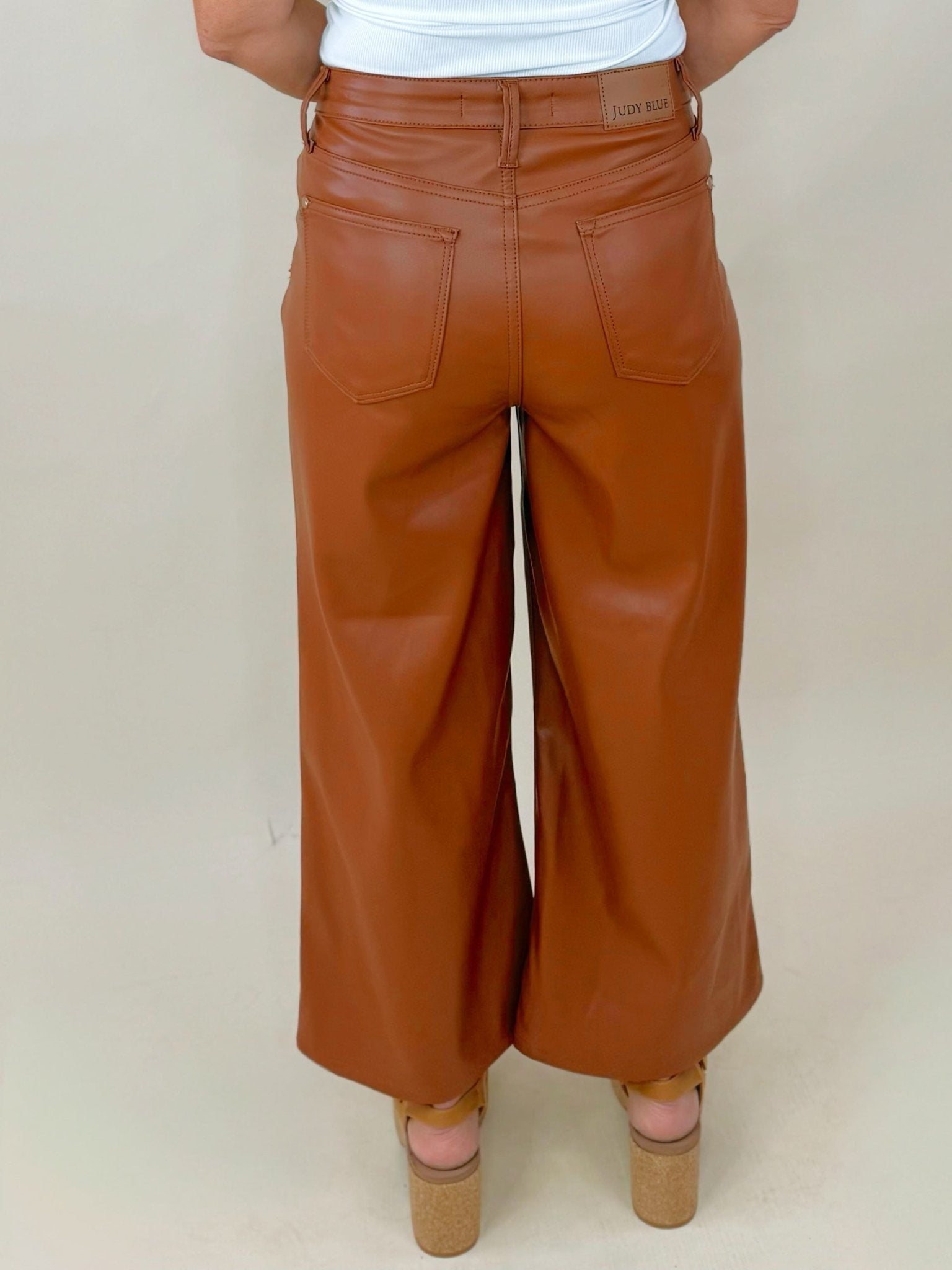 Judy Blue Tummy Control Camel Faux Leather Cropped Wide - Leg Pants - Jessi Jayne Boutique