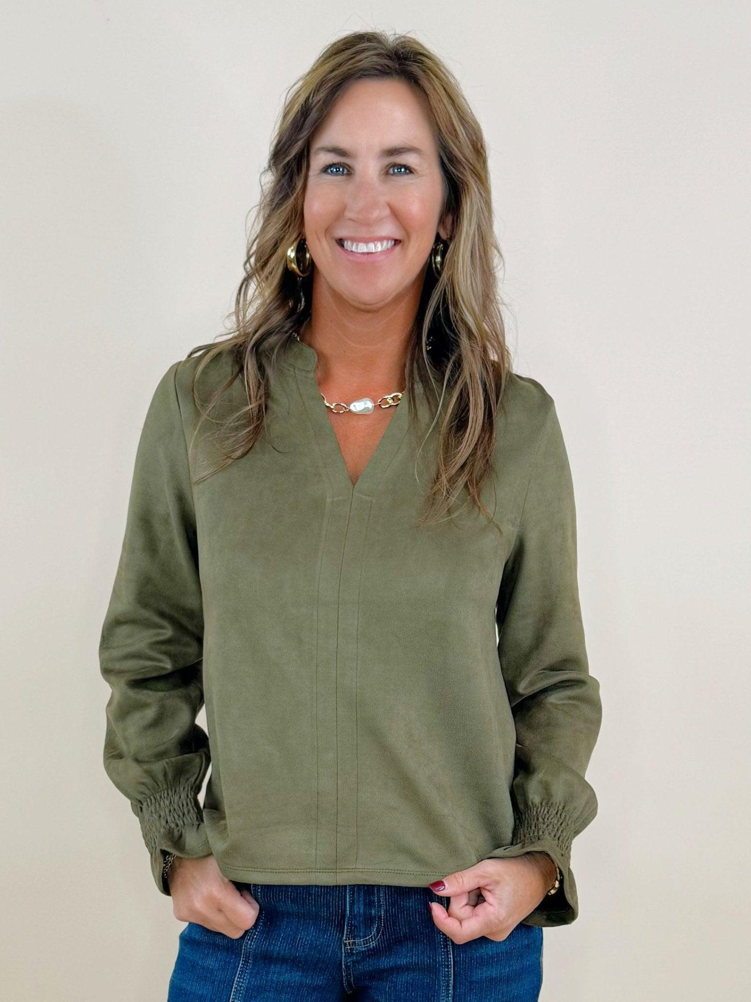 Olive Luxe Suede V - Neck Blouse - Jessi Jayne Boutique