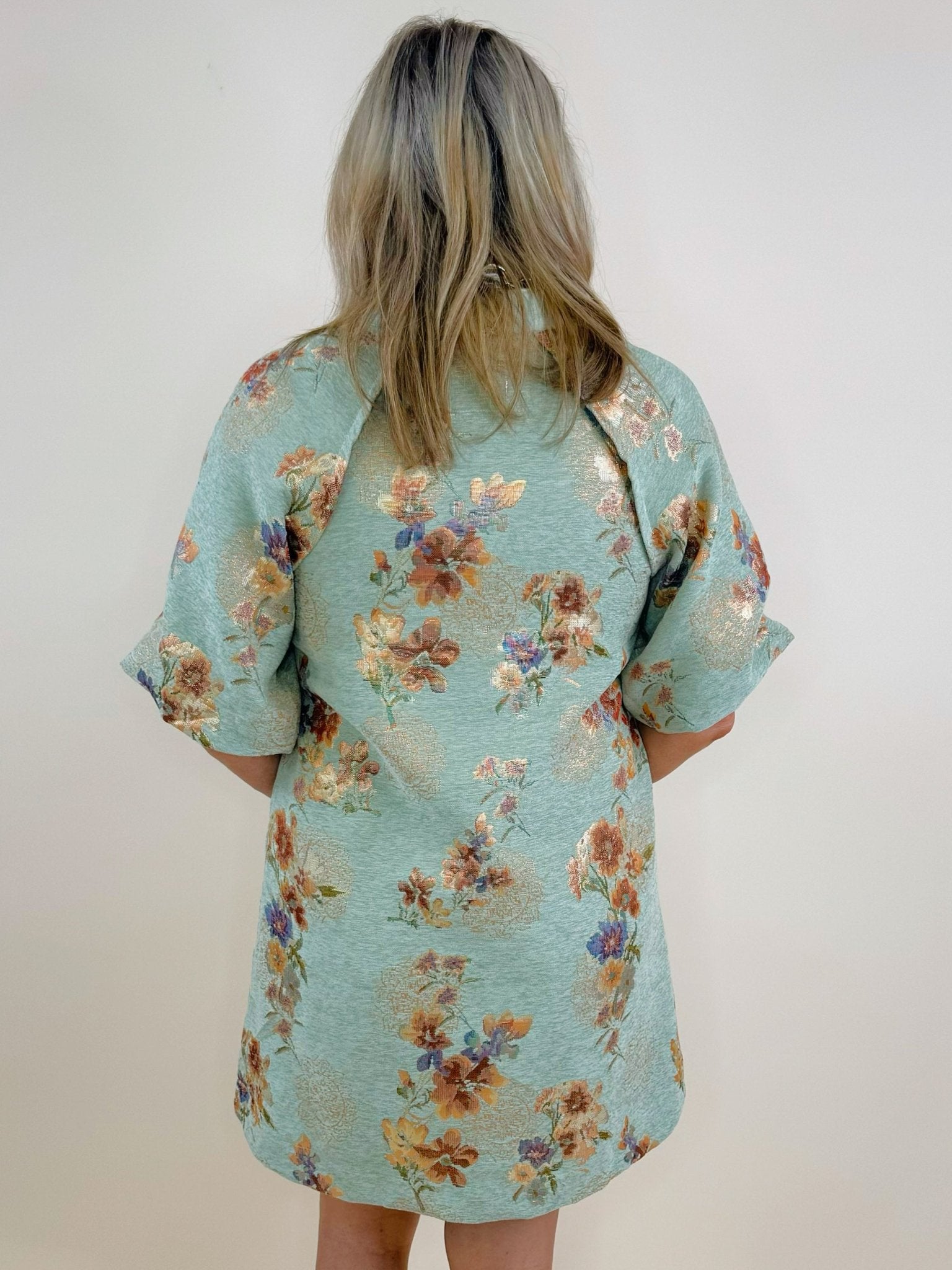 Shimmering Petals Jacquard Puff Sleeve Dress - Jessi Jayne Boutique