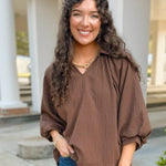 Vivienne Brown Textured V - Neck Blouse - Jessi Jayne Boutique