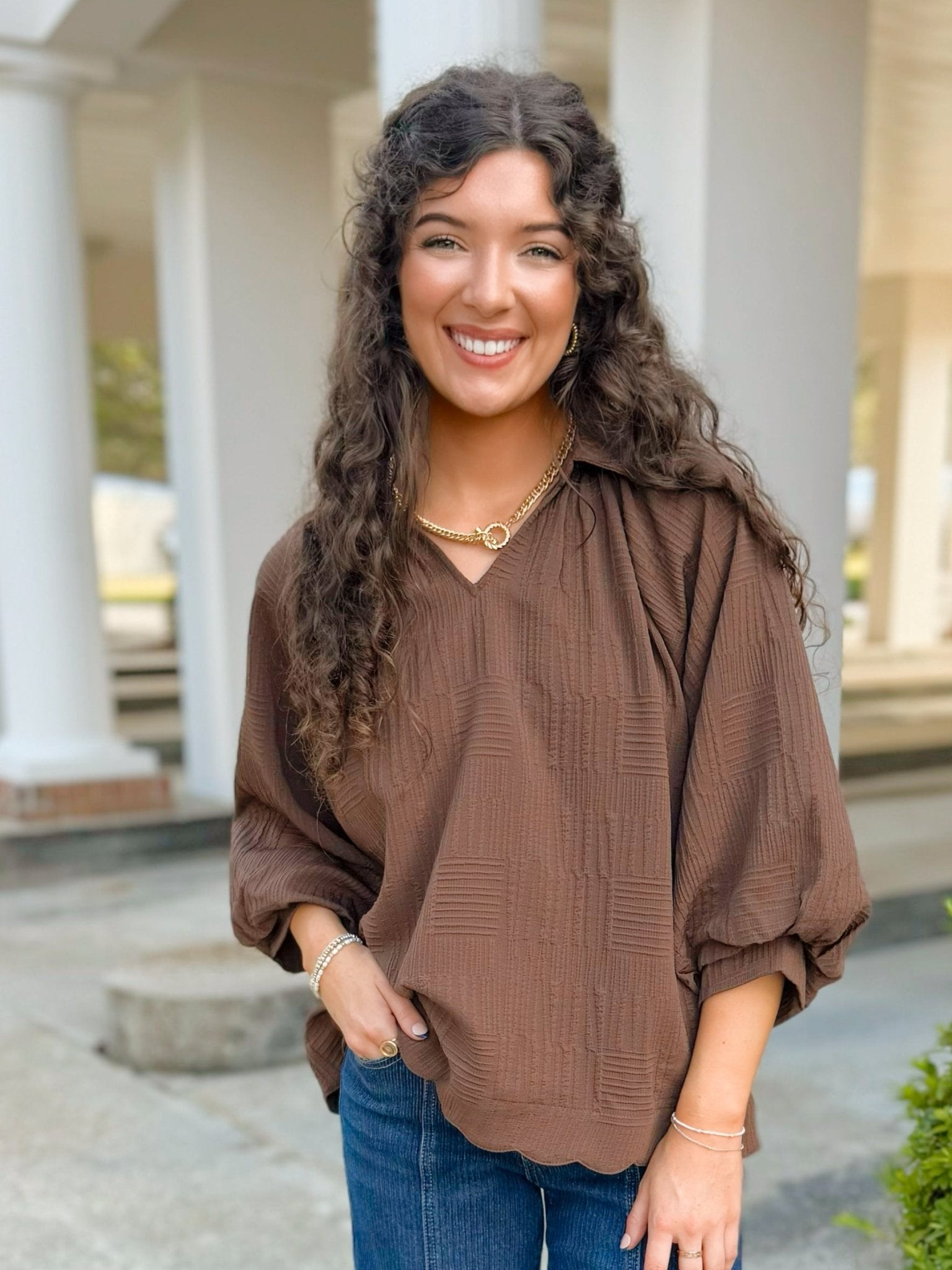 Vivienne Brown Textured V - Neck Blouse - Jessi Jayne Boutique