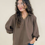 Vivienne Brown Textured V - Neck Blouse - Jessi Jayne Boutique