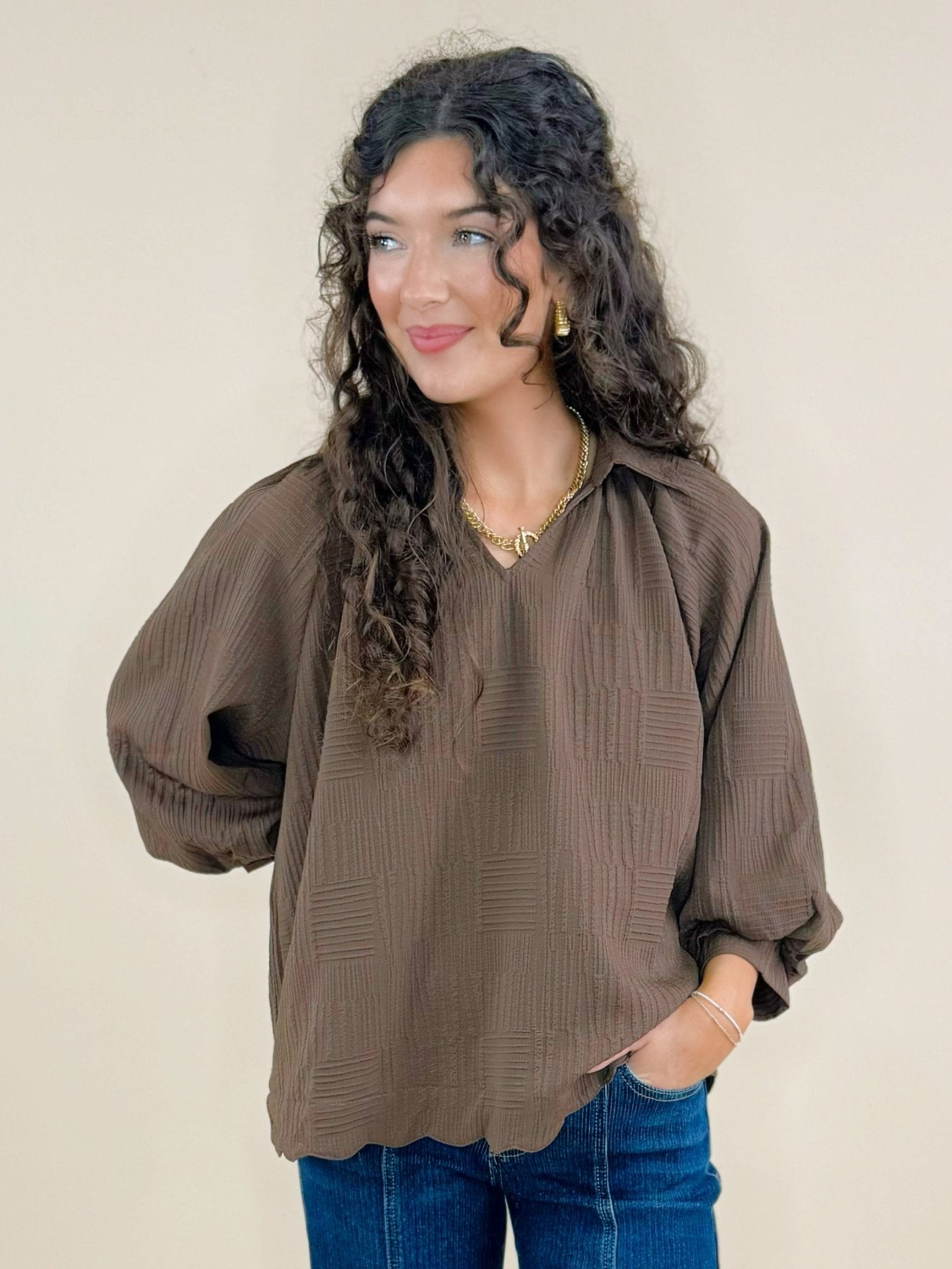 Vivienne Brown Textured V - Neck Blouse - Jessi Jayne Boutique