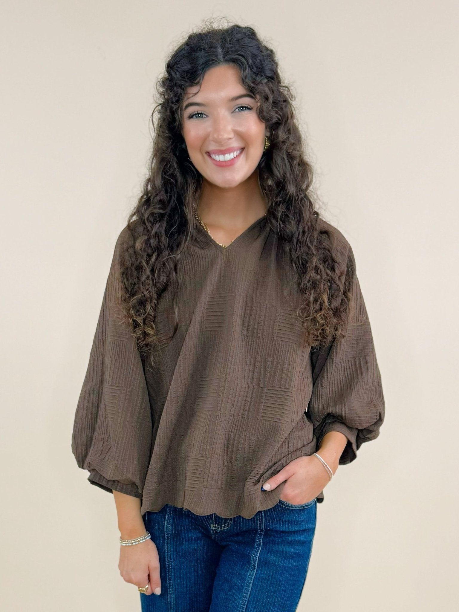 Vivienne Brown Textured V - Neck Blouse - Jessi Jayne Boutique