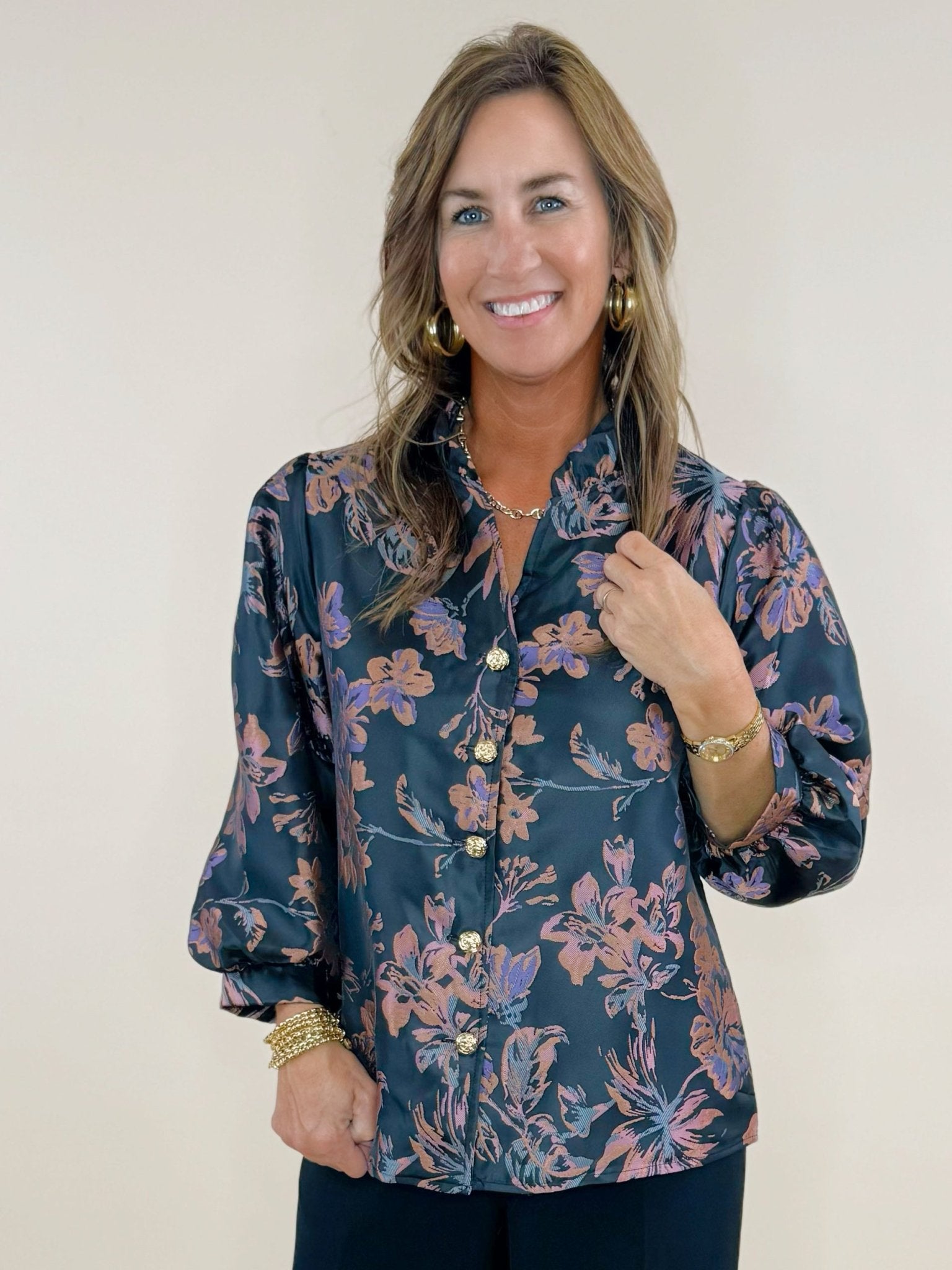 Enchanted Noir Floral Jacquard Blouse - Jessi Jayne Boutique