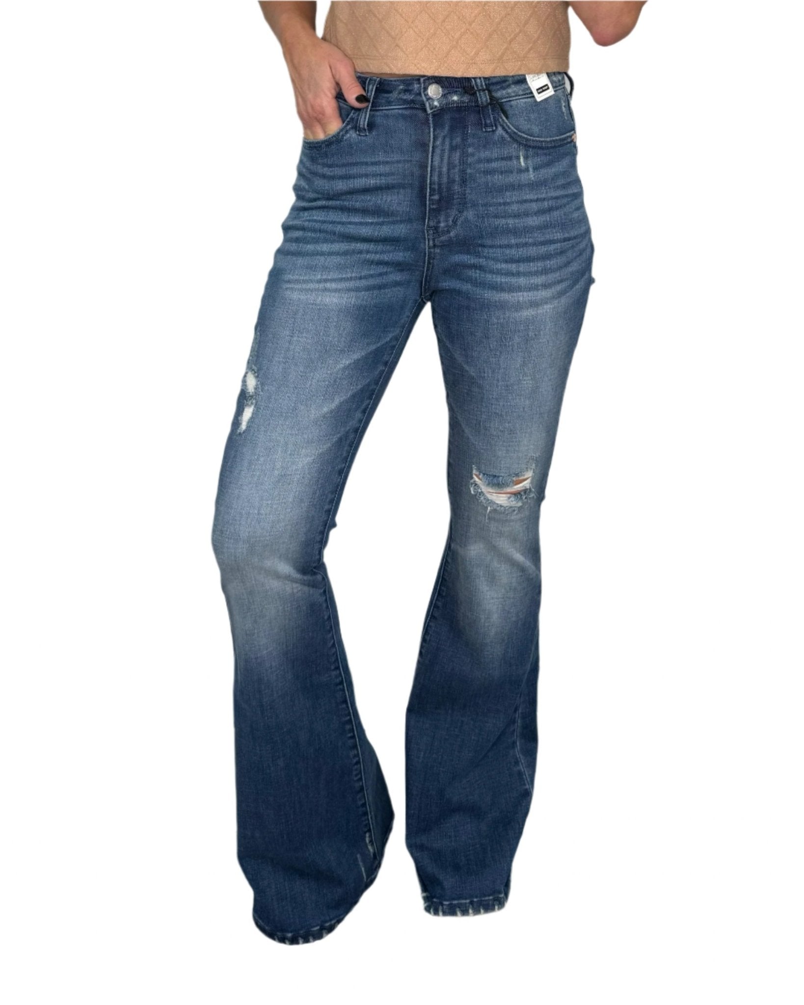Judy Blue High Rise Contrast Wash Light Distressed Flare Jeans - Jessi Jayne Boutique