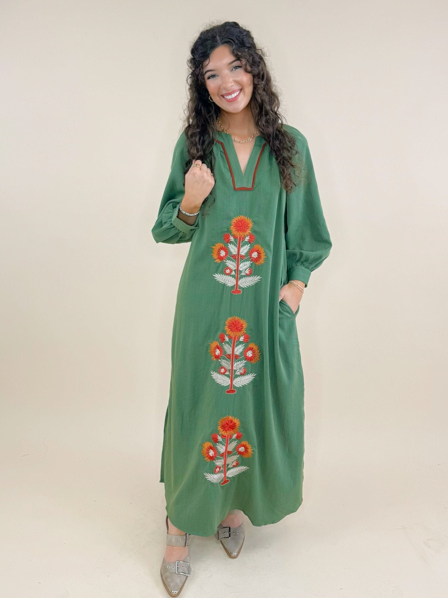 Olive Bloom Embroidered Dress - Jessi Jayne Boutique