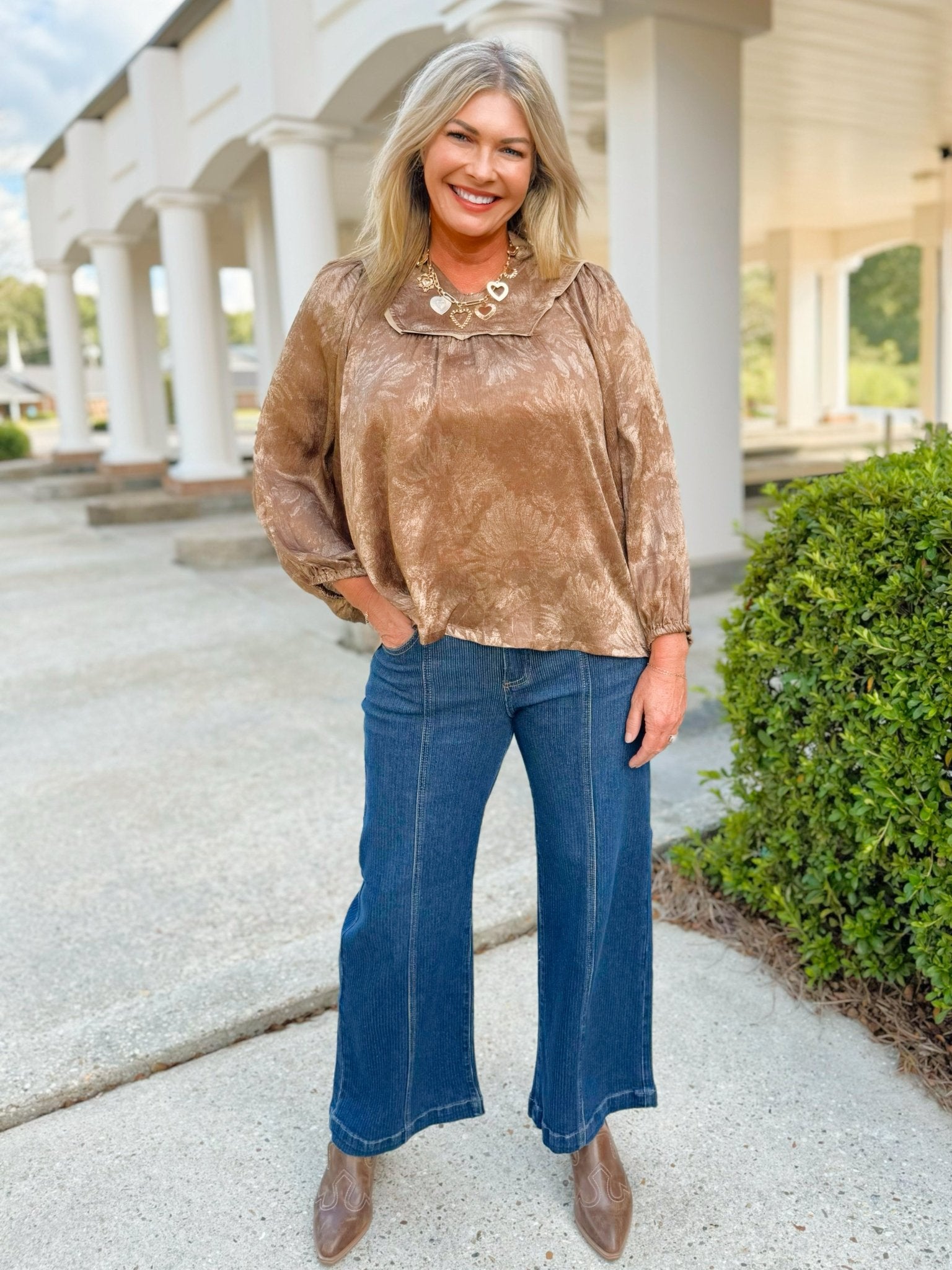 Crinkle Brocade Long Sleeve Blouse - Jessi Jayne Boutique