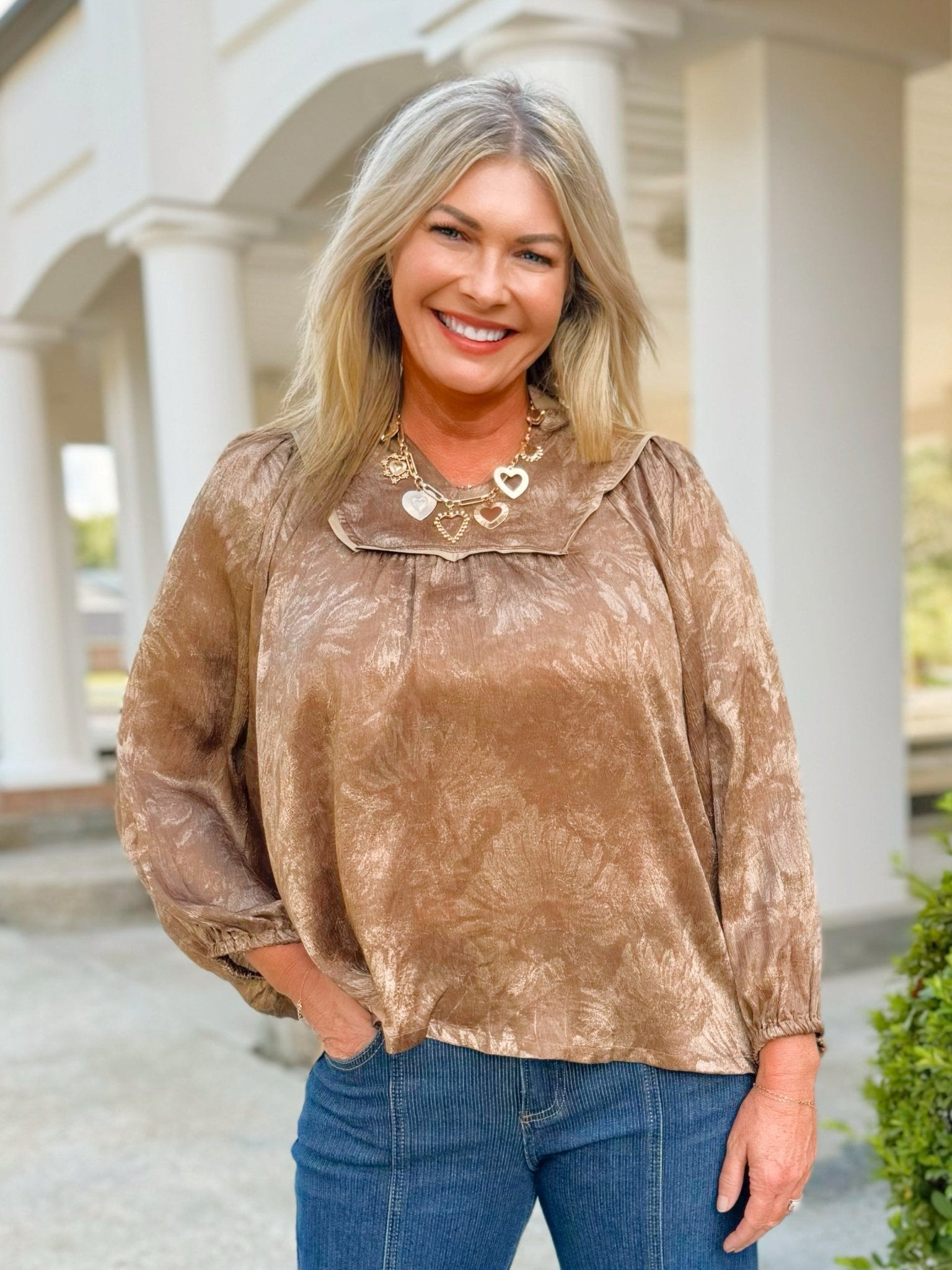 Crinkle Brocade Long Sleeve Blouse - Jessi Jayne Boutique