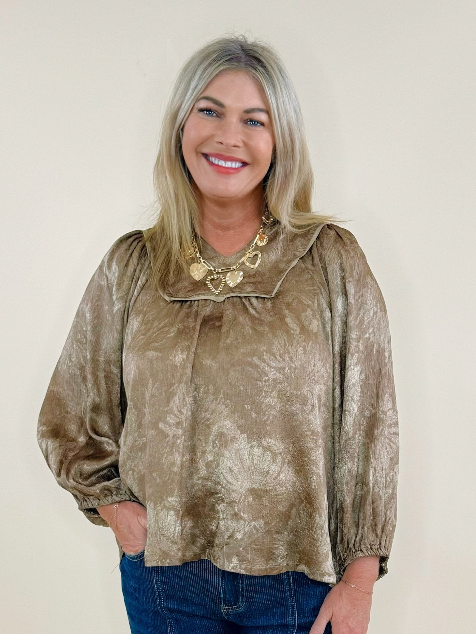 Crinkle Brocade Long Sleeve Blouse - Jessi Jayne Boutique