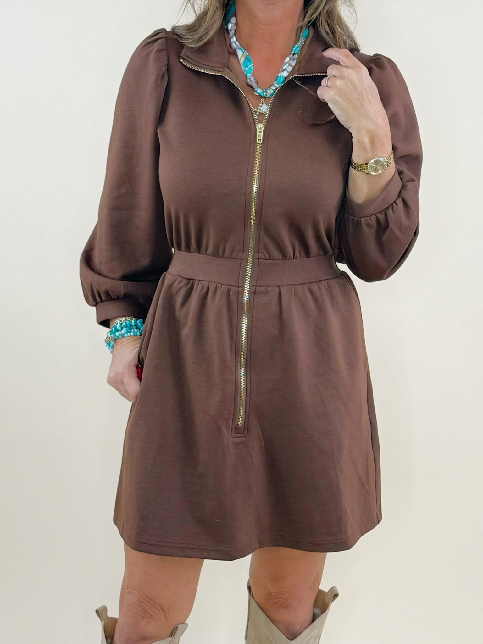 Espresso Zipper Detail Mini Dress - Jessi Jayne Boutique