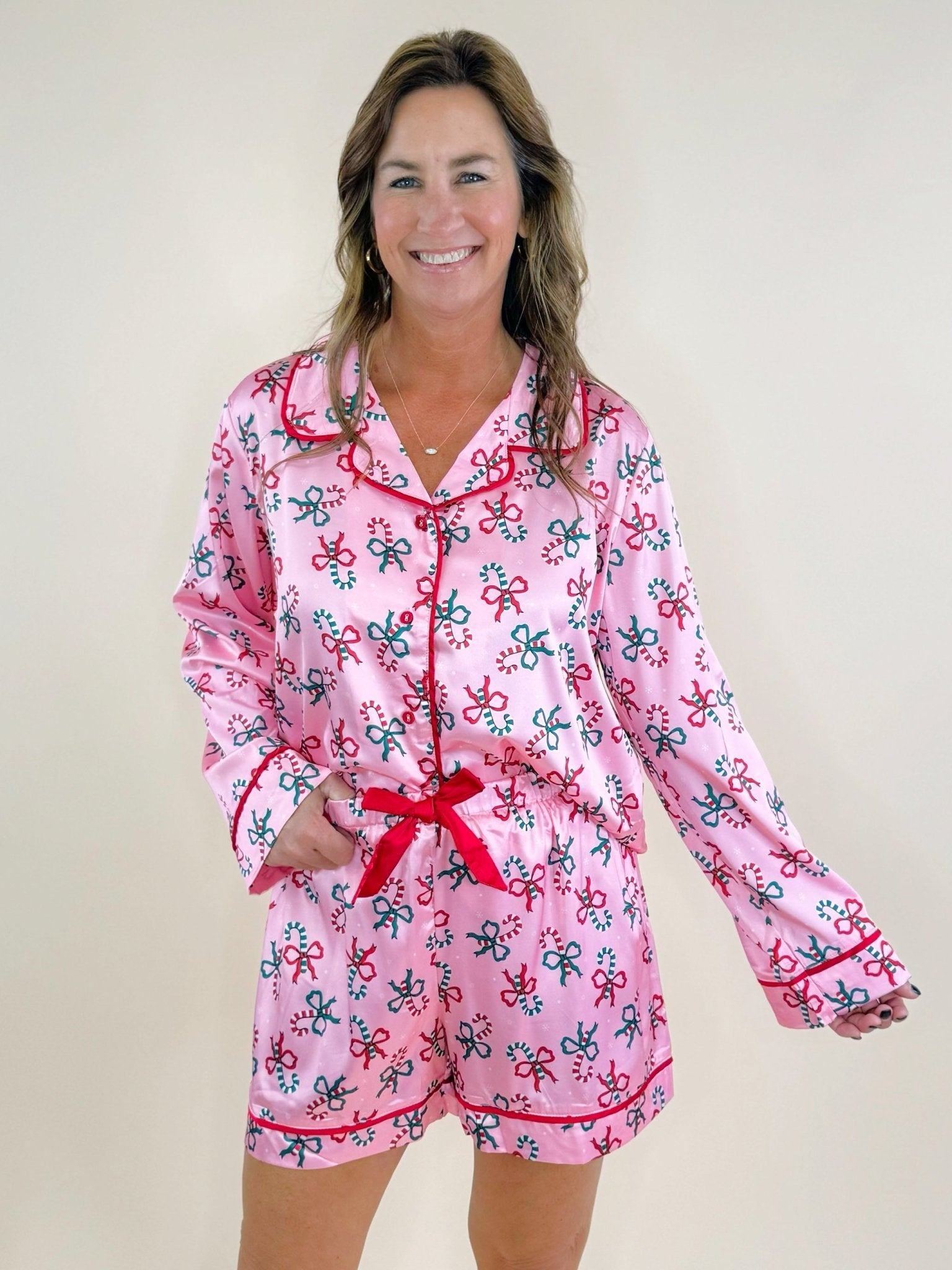 Peppermint Bow Satin Pajama Set - Jessi Jayne Boutique