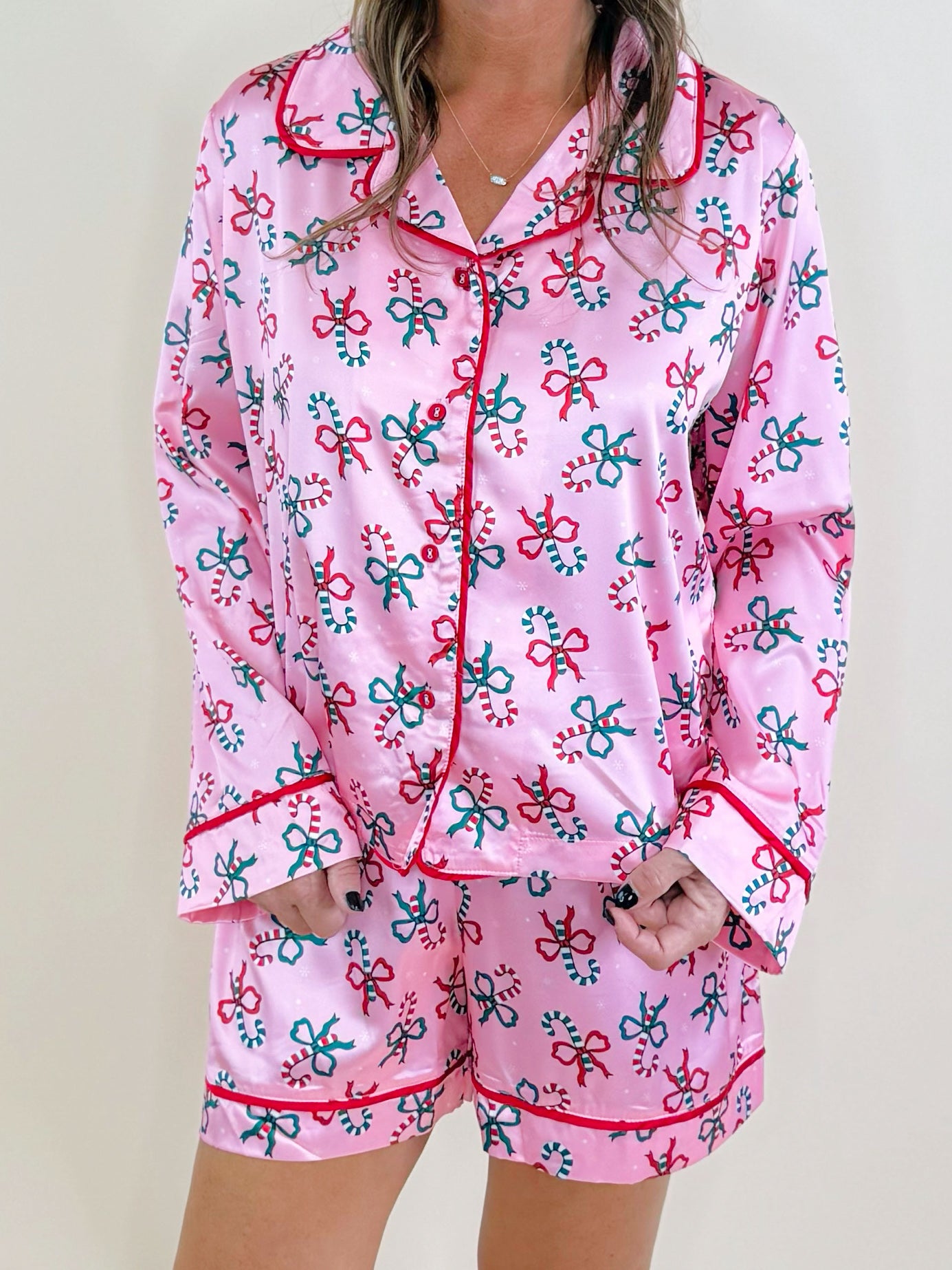 Peppermint Bow Satin Pajama Set - Jessi Jayne Boutique