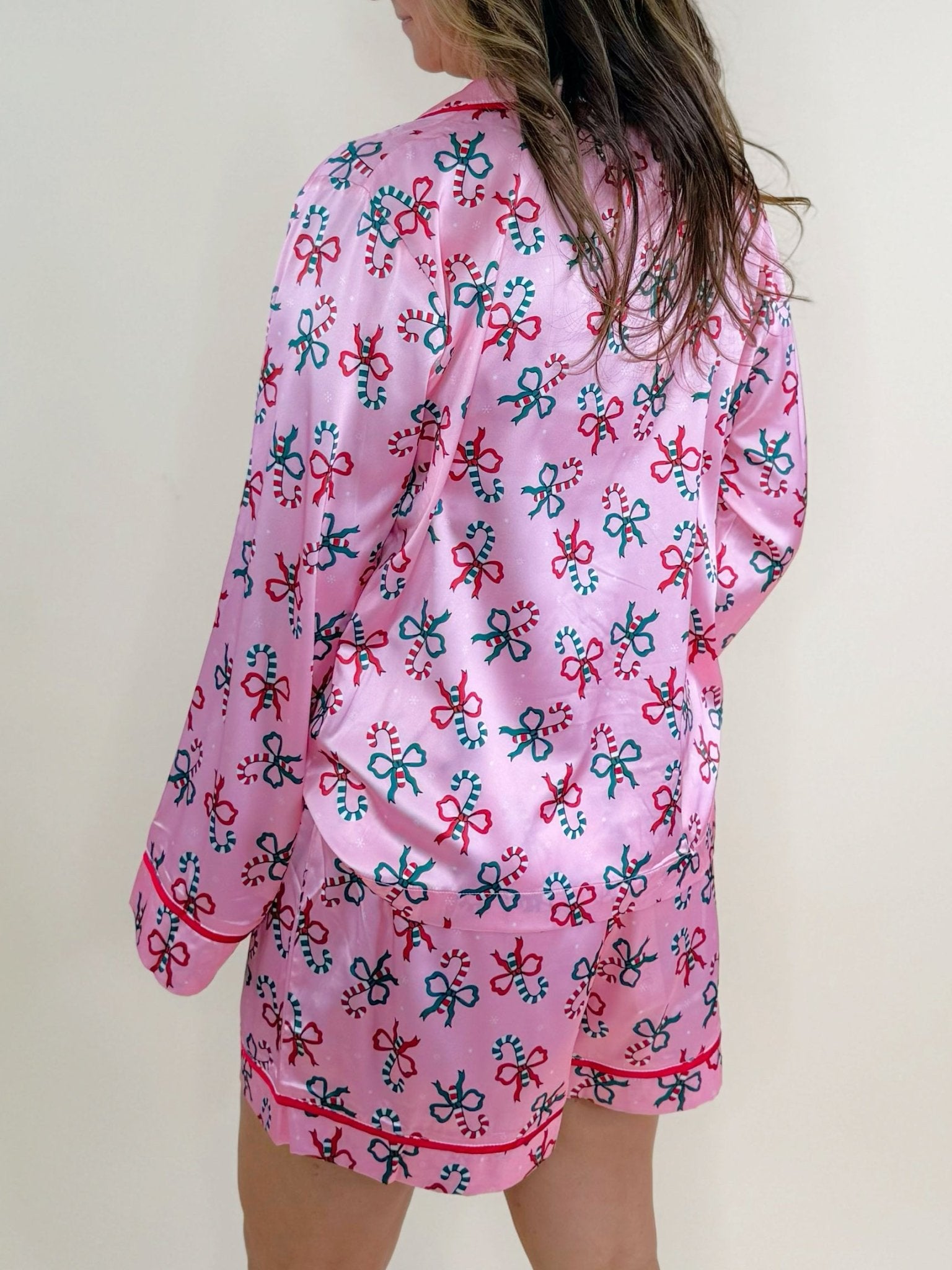 Peppermint Bow Satin Pajama Set - Jessi Jayne Boutique