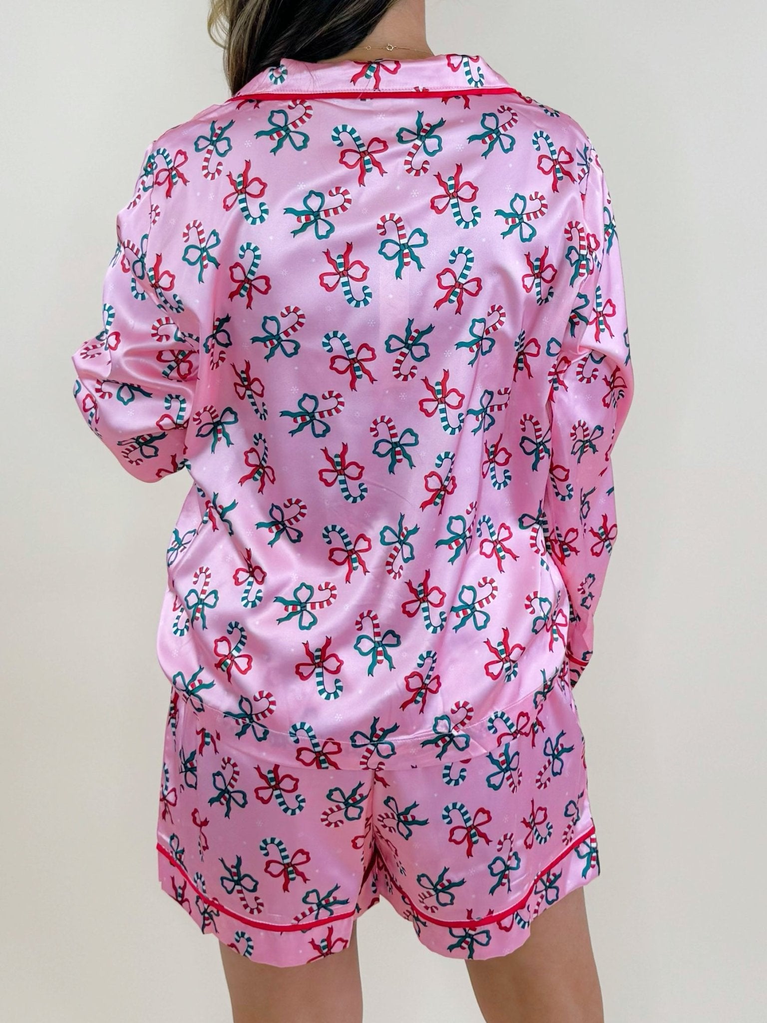 Peppermint Bow Satin Pajama Set - Jessi Jayne Boutique