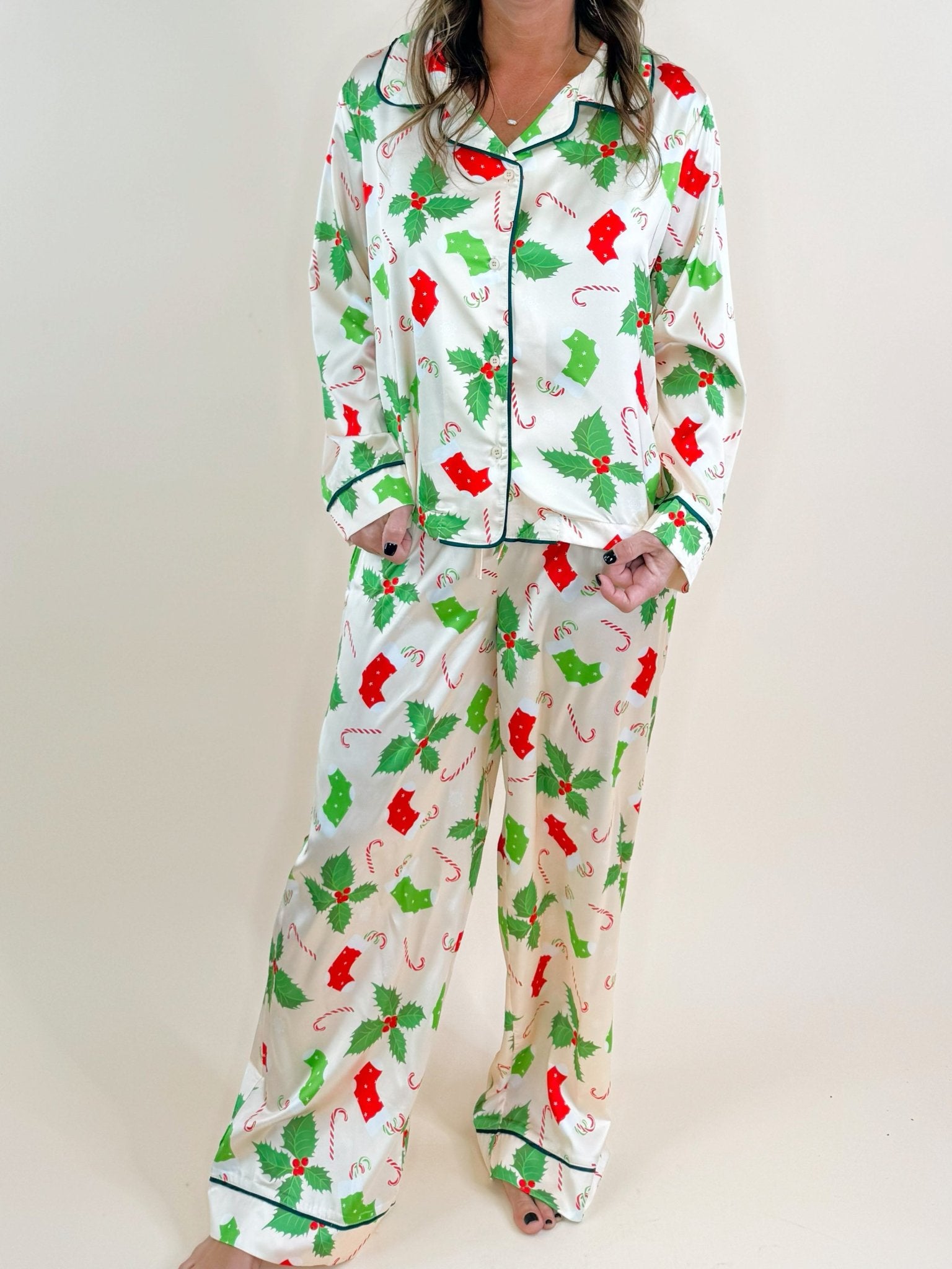 Holly Jolly Satin Pajama Pants Set - Jessi Jayne Boutique