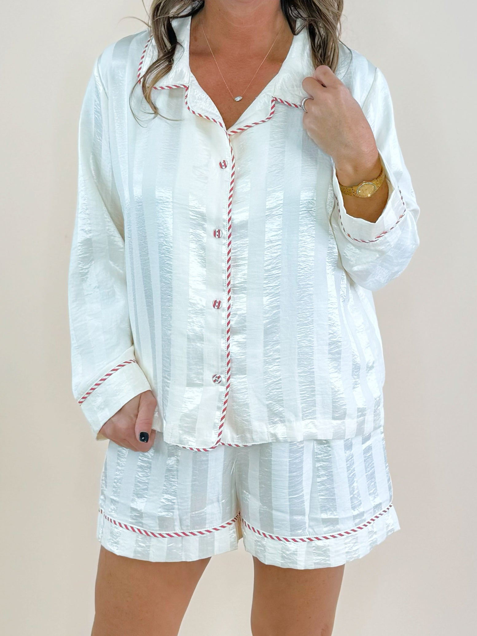 Candy Cane Satin Shorts Pajama Set - Jessi Jayne Boutique