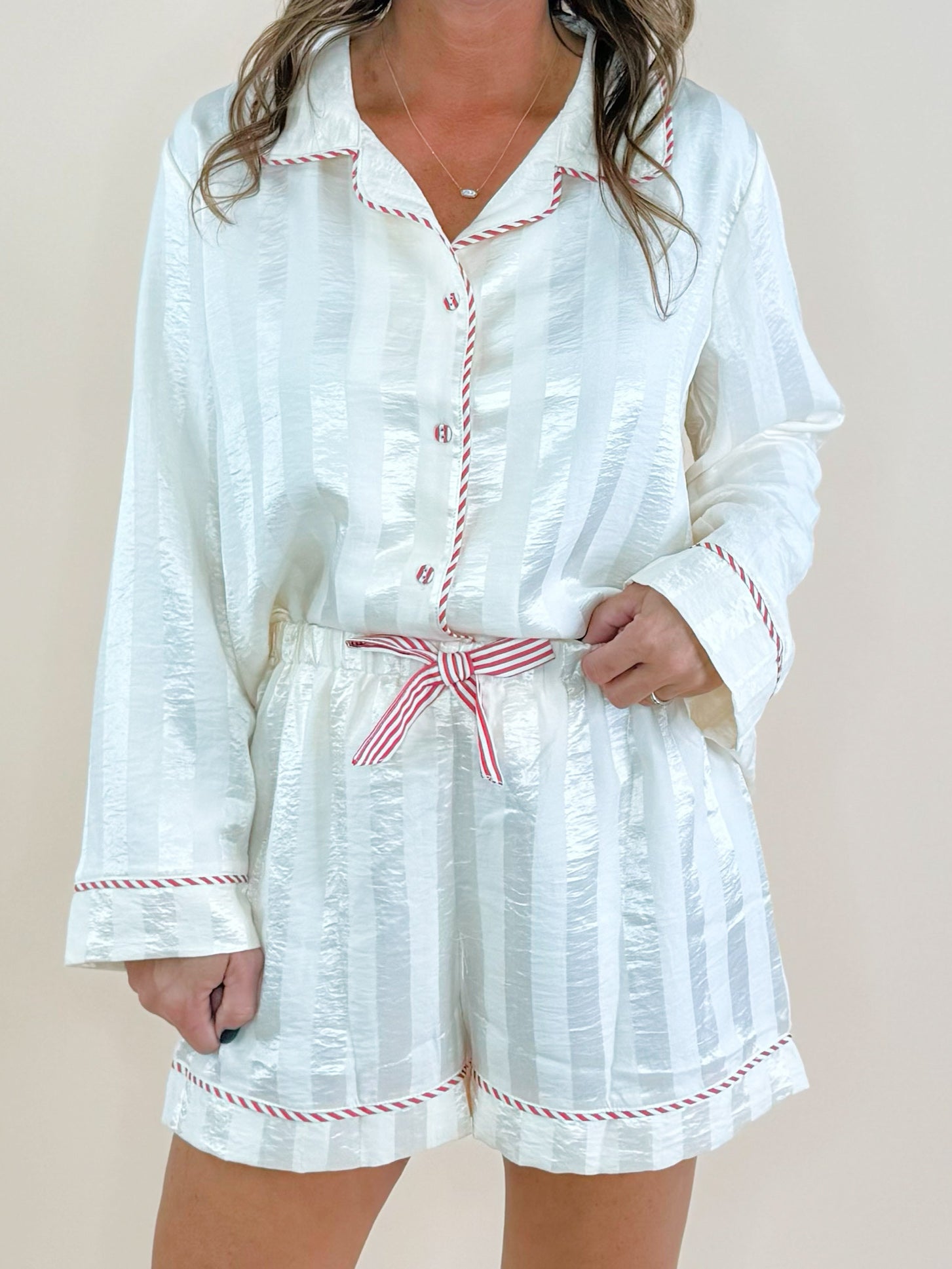 Candy Cane Satin Shorts Pajama Set - Jessi Jayne Boutique