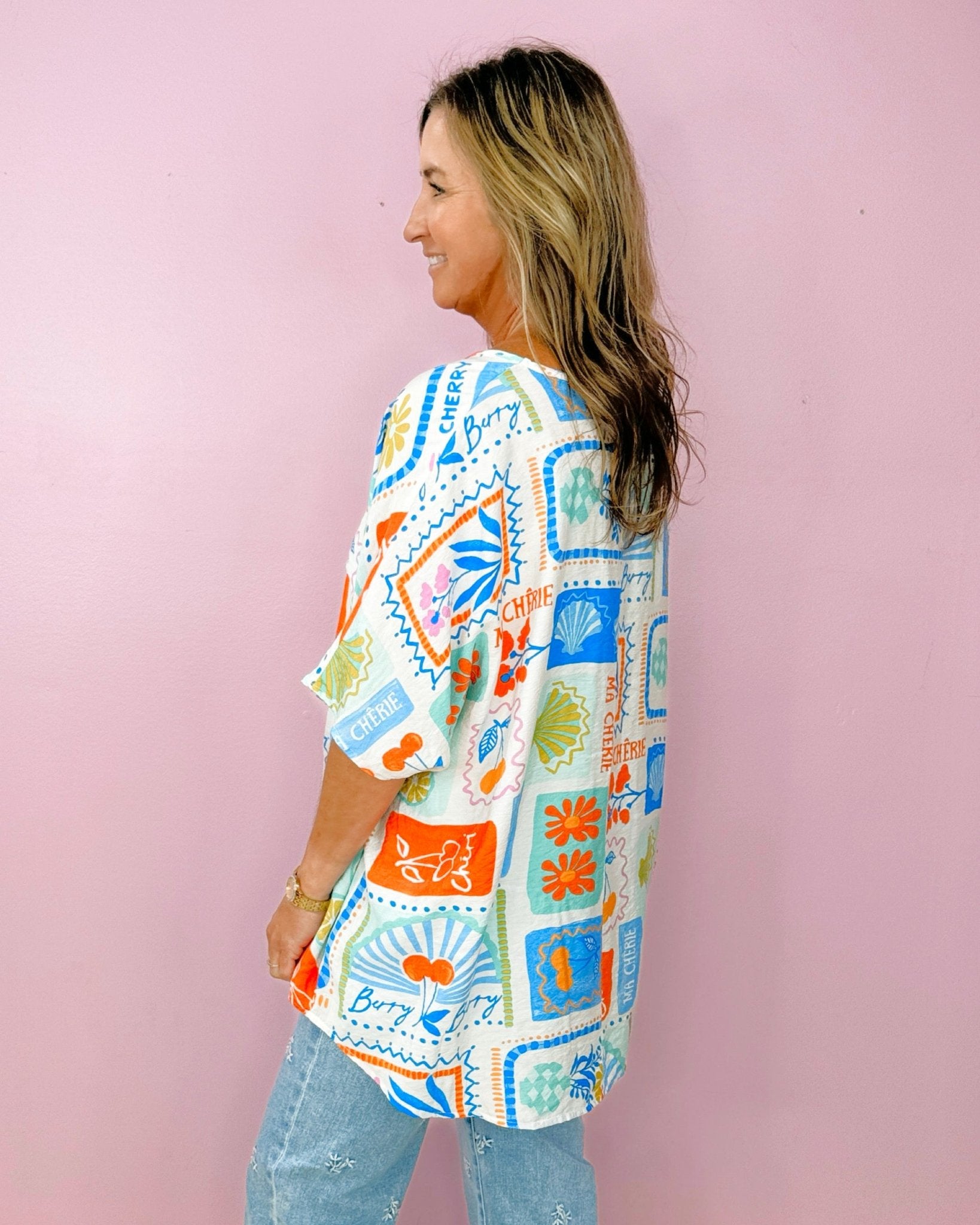 Bonjour Postcard Print Blouse - Jessi Jayne Boutique