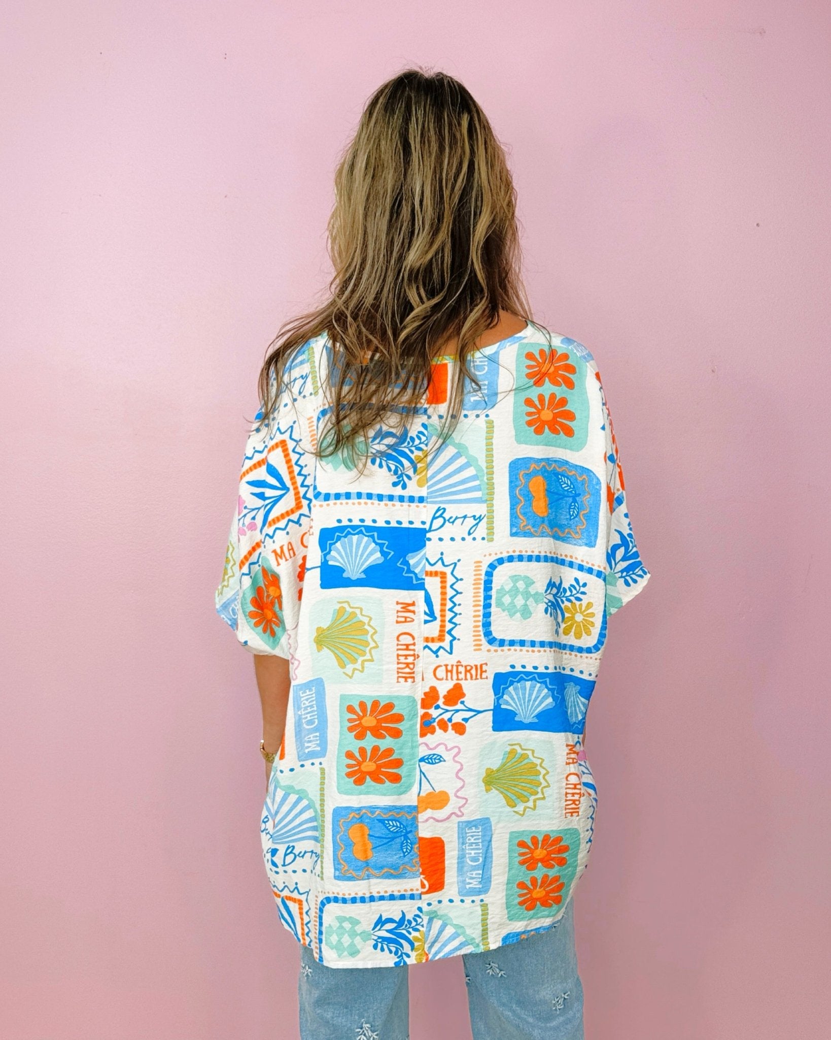 Bonjour Postcard Print Blouse - Jessi Jayne Boutique