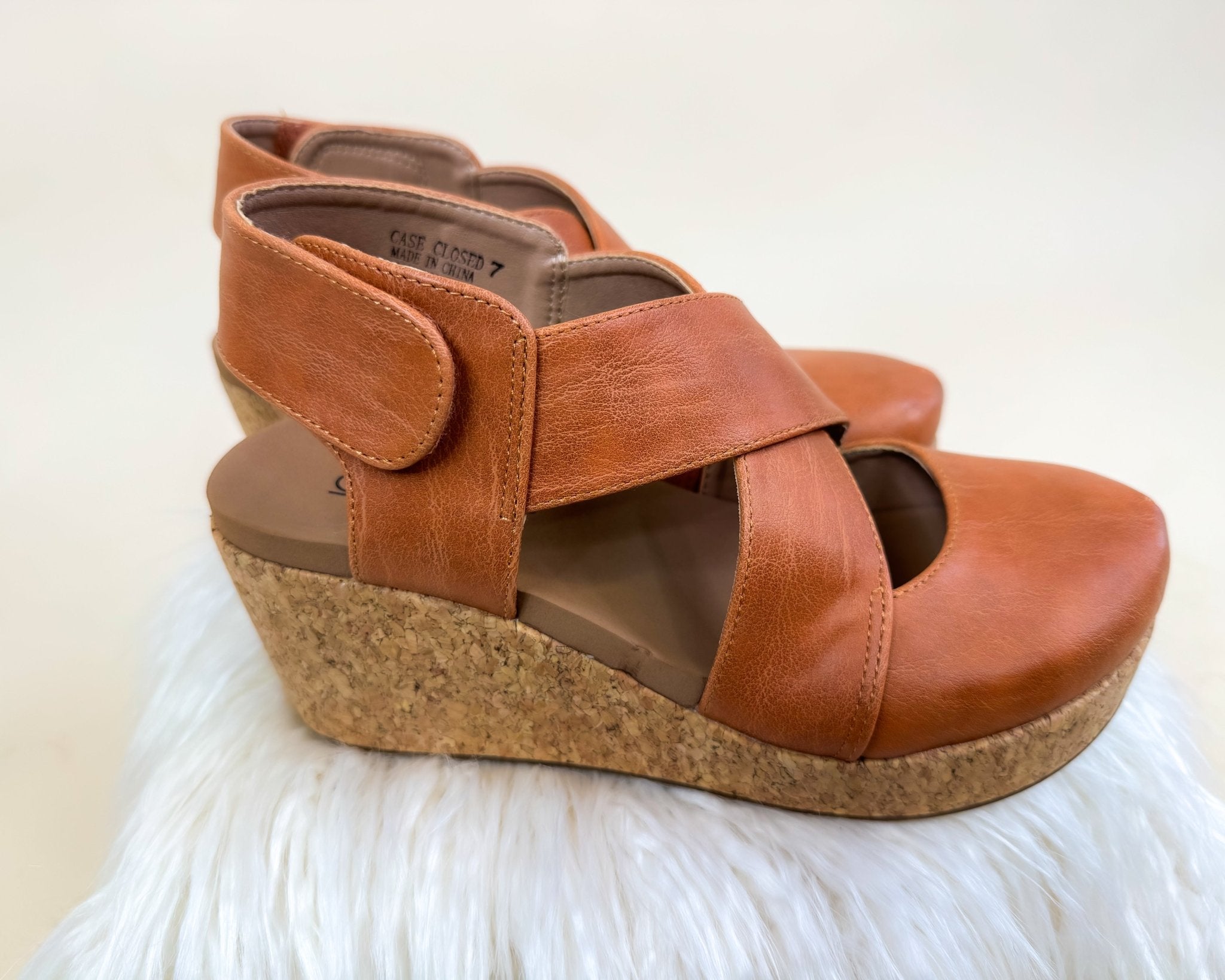 Corky Case Closed Cognac Smooth Wedge - Jessi Jayne Boutique