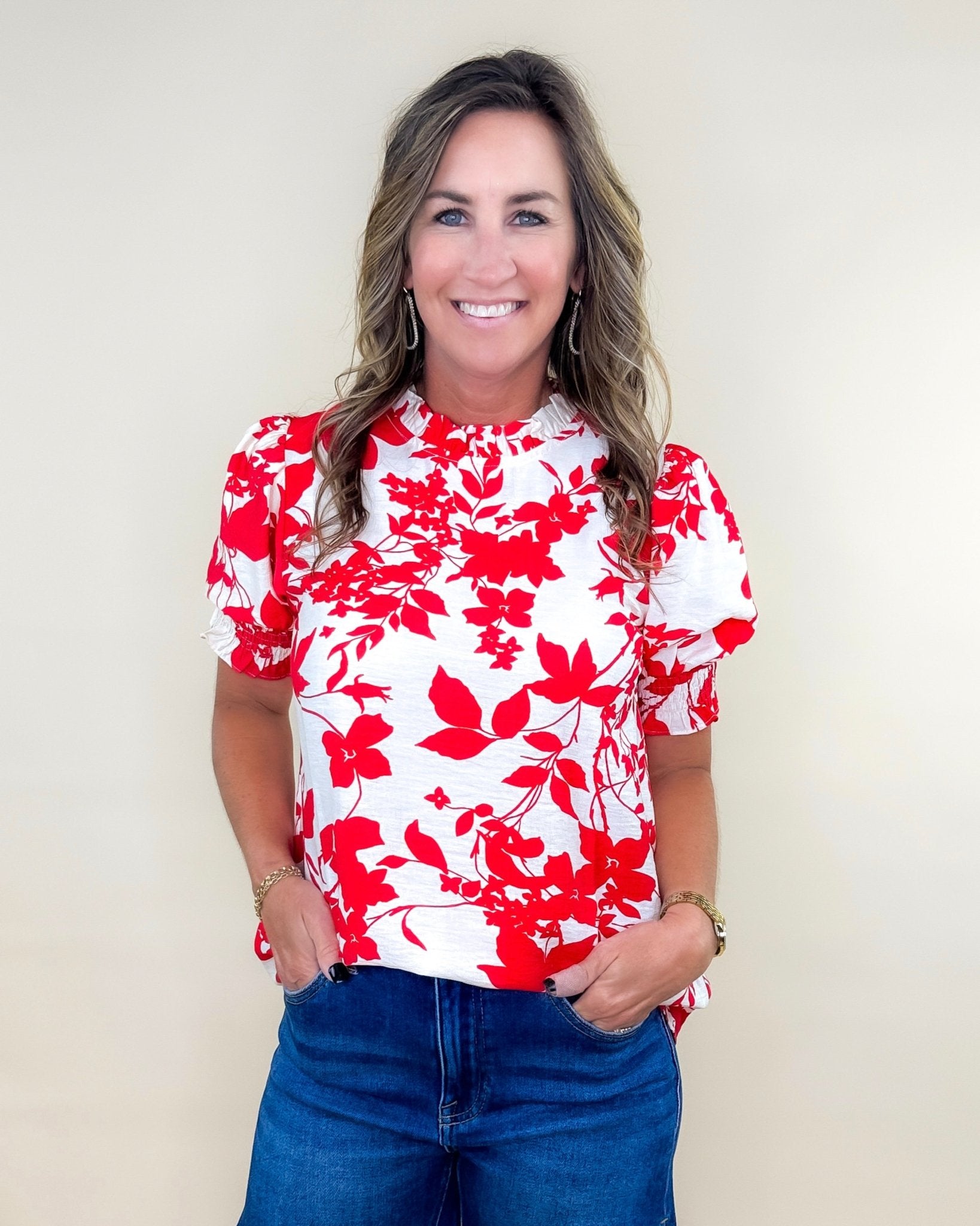 Red Bloom and Bold Ruffle Sleeve Blouse - Jessi Jayne Boutique