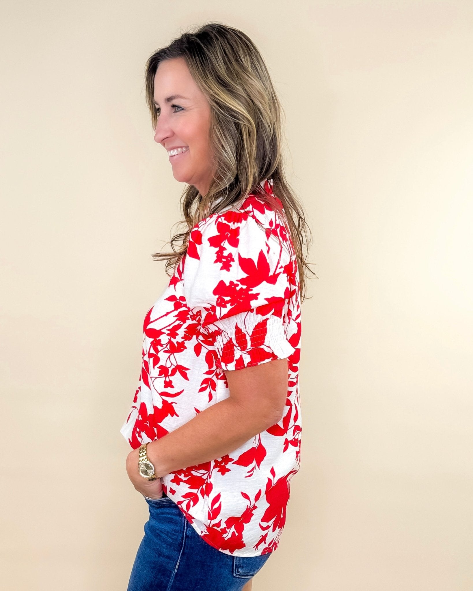 Red Bloom and Bold Ruffle Sleeve Blouse - Jessi Jayne Boutique
