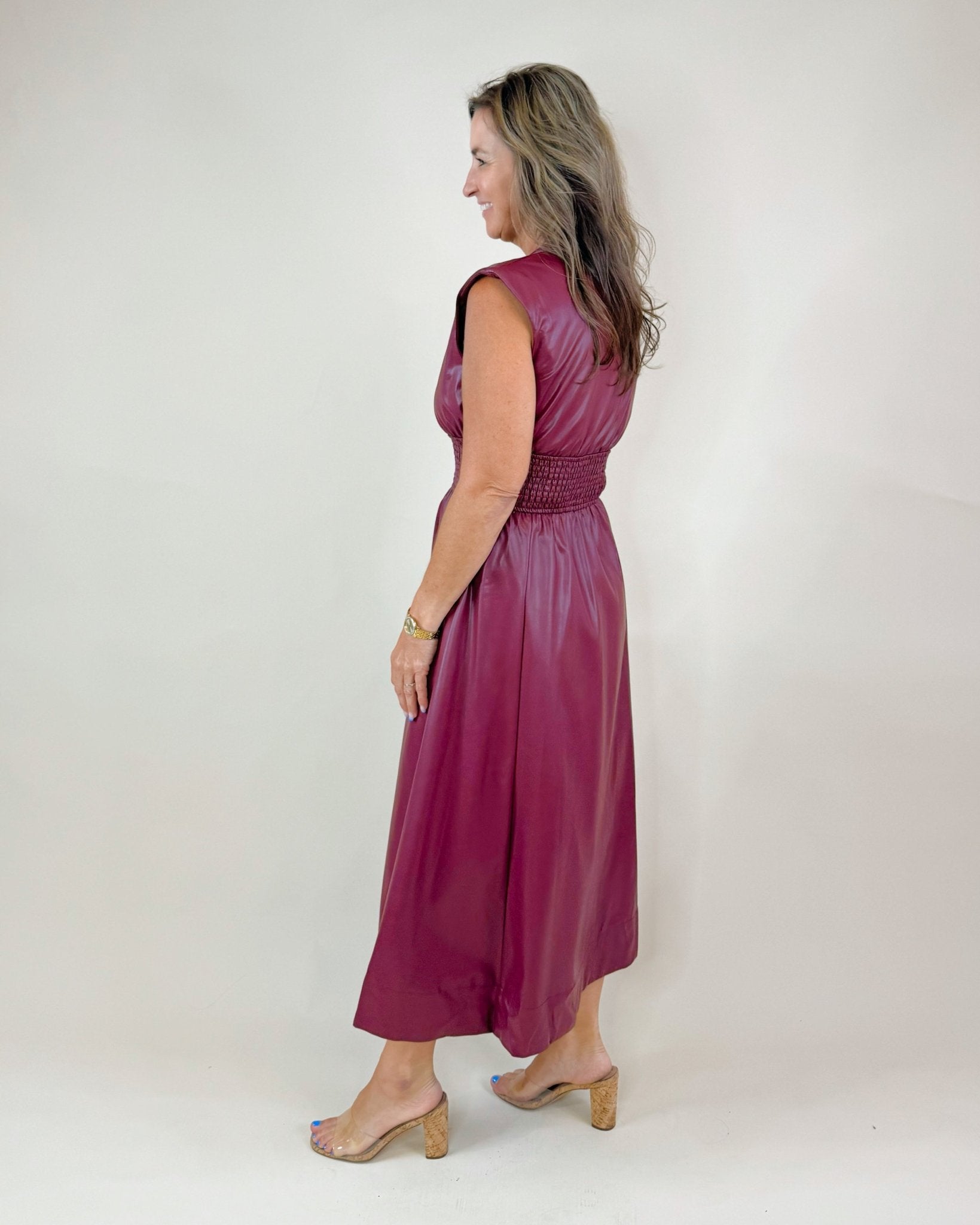 Power Play Pleather Midi Dress (Black and Maroon) - Jessi Jayne Boutique