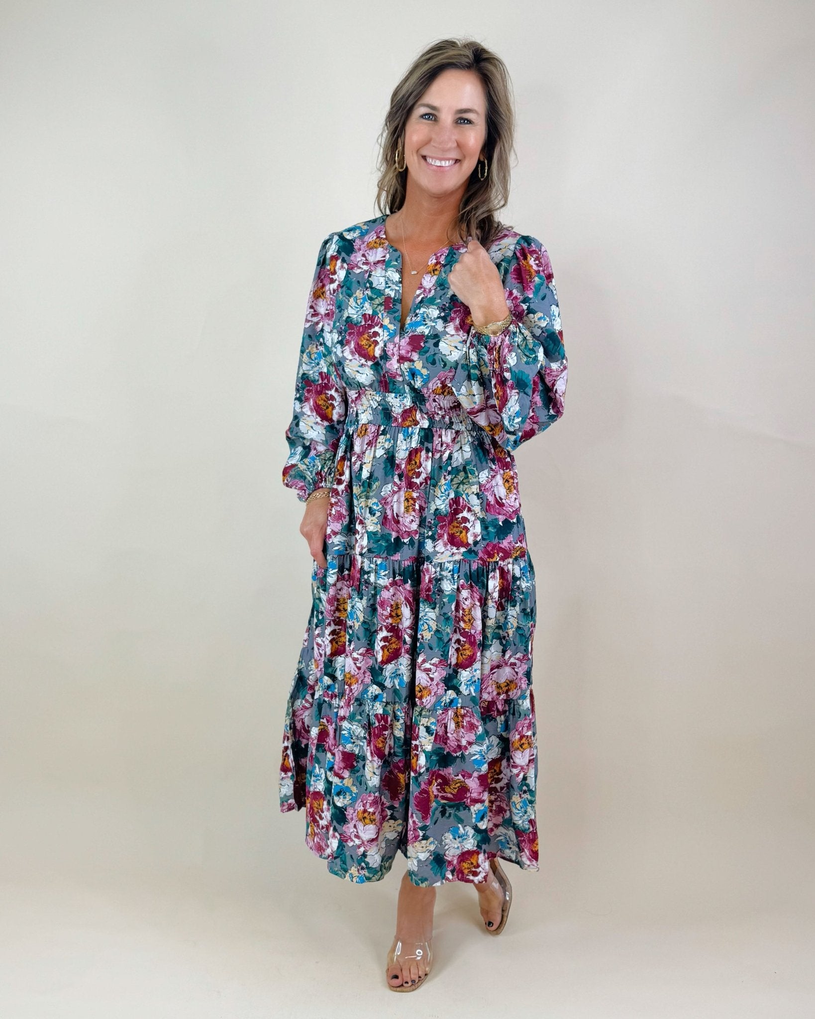 Autumn Bloom Smocked Waist Midi Dress - Jessi Jayne Boutique