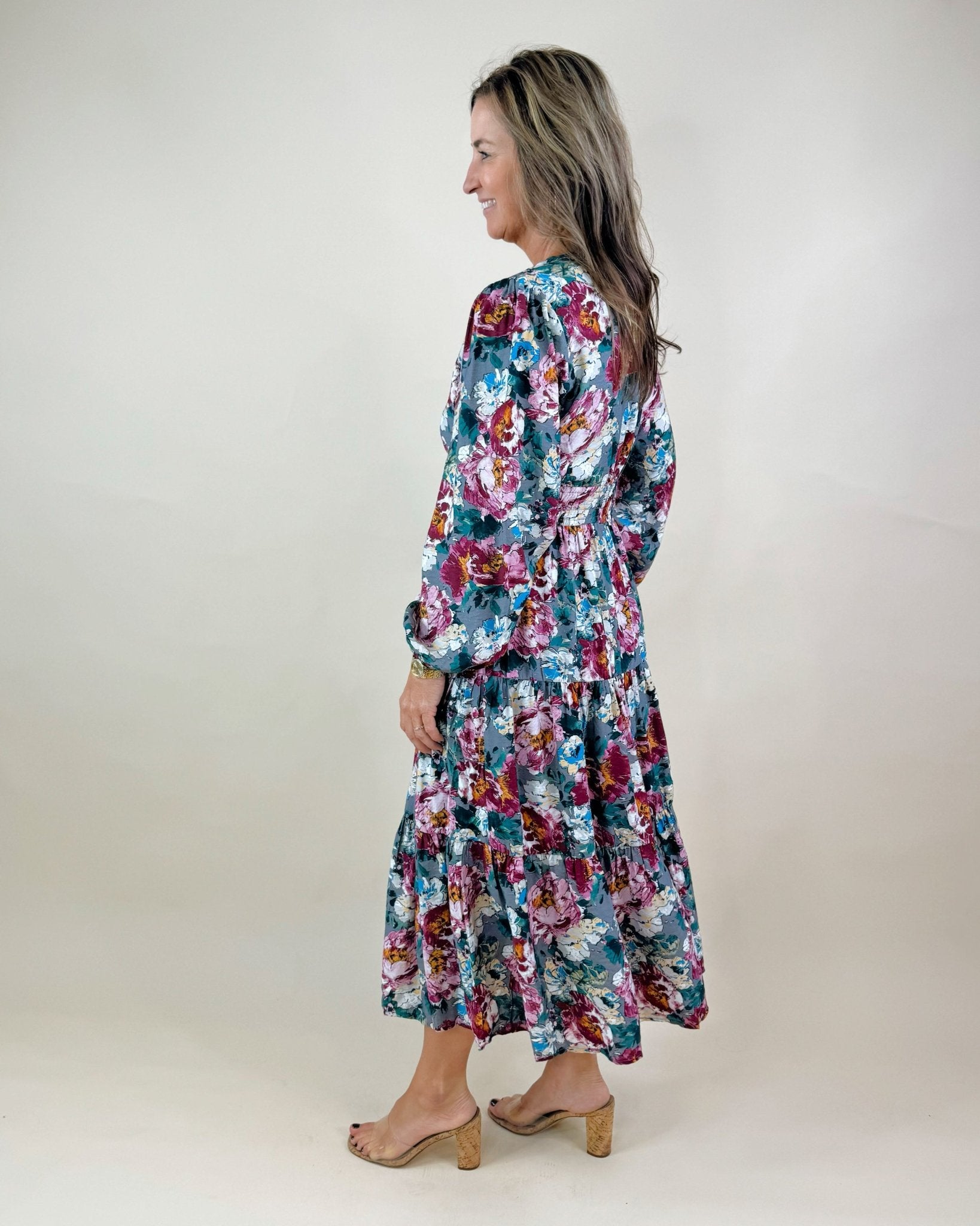 Autumn Bloom Smocked Waist Midi Dress - Jessi Jayne Boutique