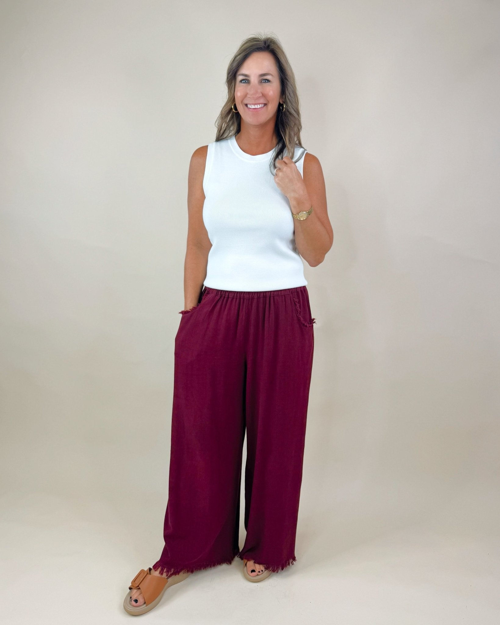 Merlot Fray Day Linen Pants - Jessi Jayne Boutique