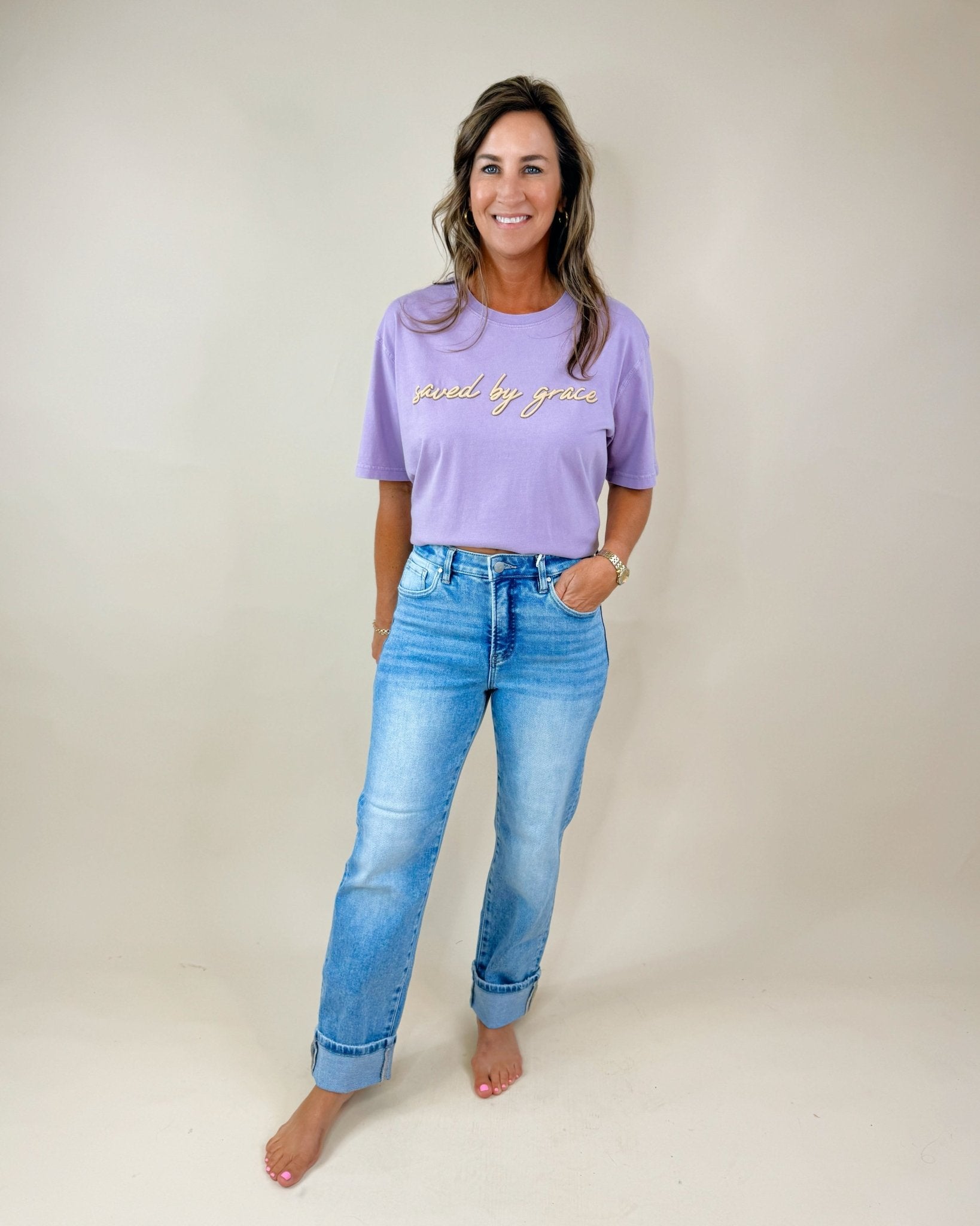 Stonewash Tummy Control Cuffed Crop Jeans - Jessi Jayne Boutique