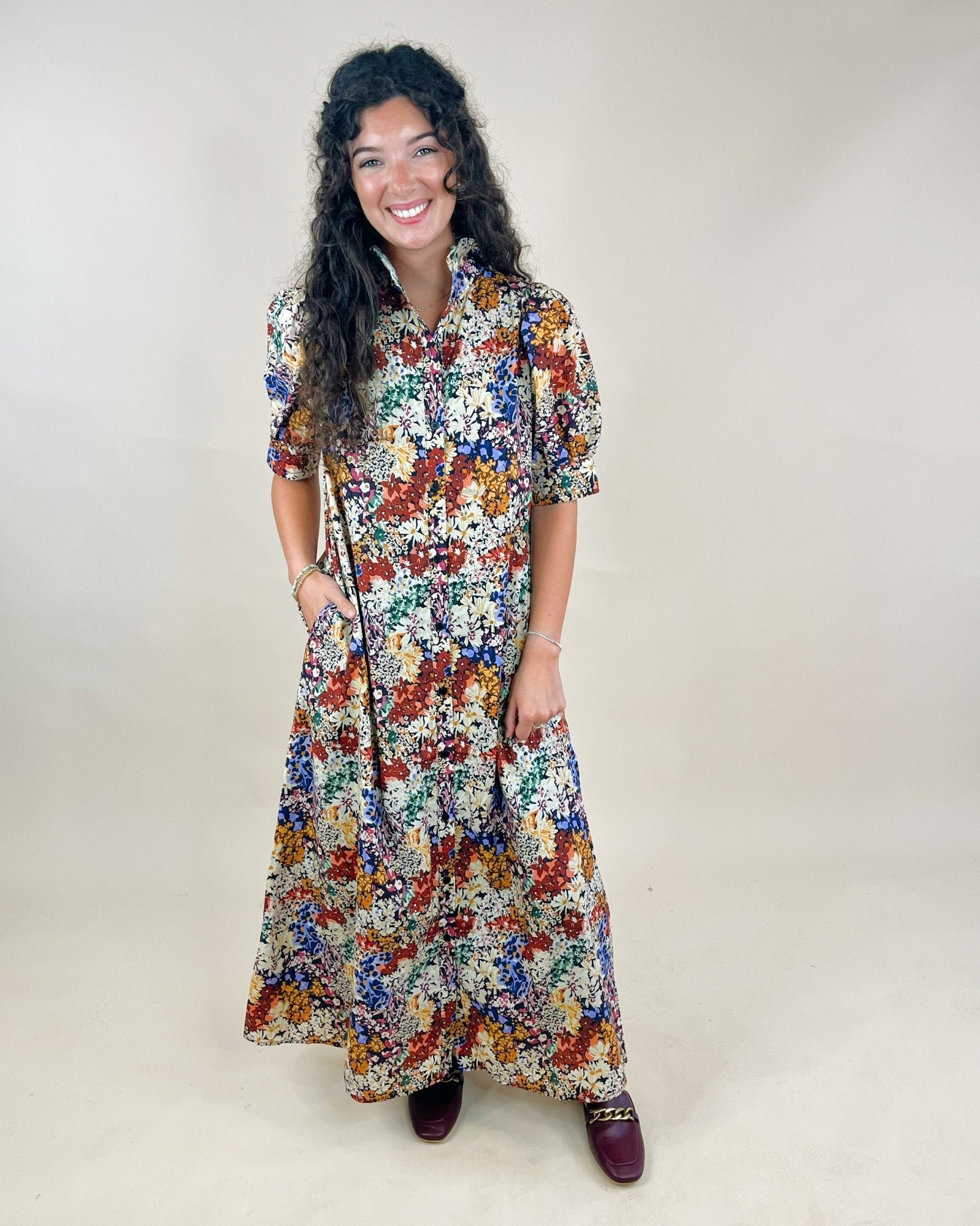 Patchwork Bloom High - Neck Midi Dress - Jessi Jayne Boutique